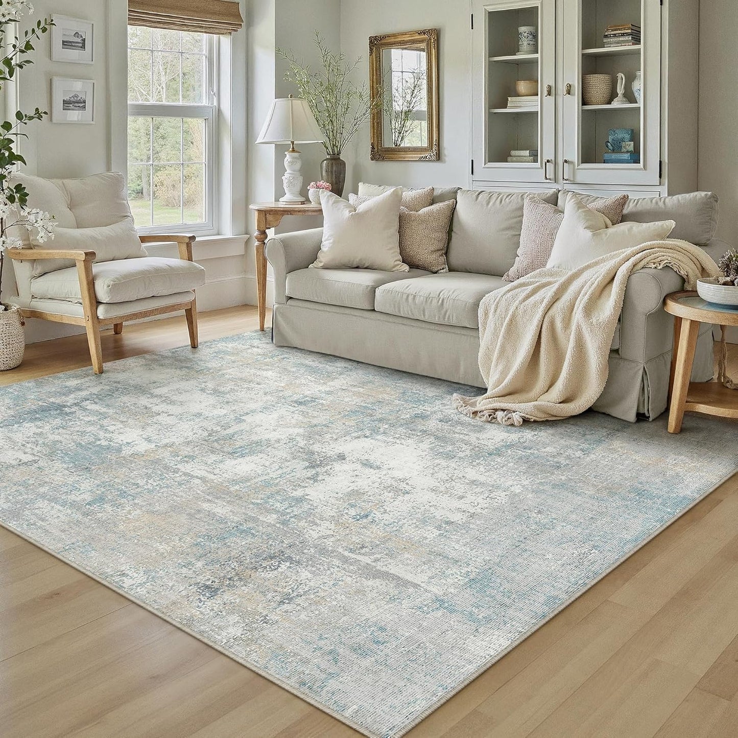 6x9 Washable Area Rug Blue Cream Modern Neutral Abstract Living Room Bedroom Indoor Floor Carpet Low Pile Soft Non-Slip Lightweight Vacuumable Throw Rug for Nursery Dining Room Office
