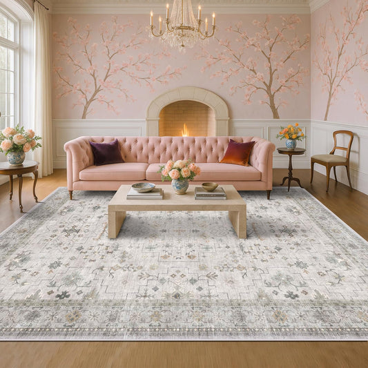Boho Light Grey Living Room Rug 9x12 - Modern Vintage Eclectic Floral Pastel Neutral Taupe, Washable Low Pile Non-Slip Extra Large Area Rugs for Dining Under Table Bedroom