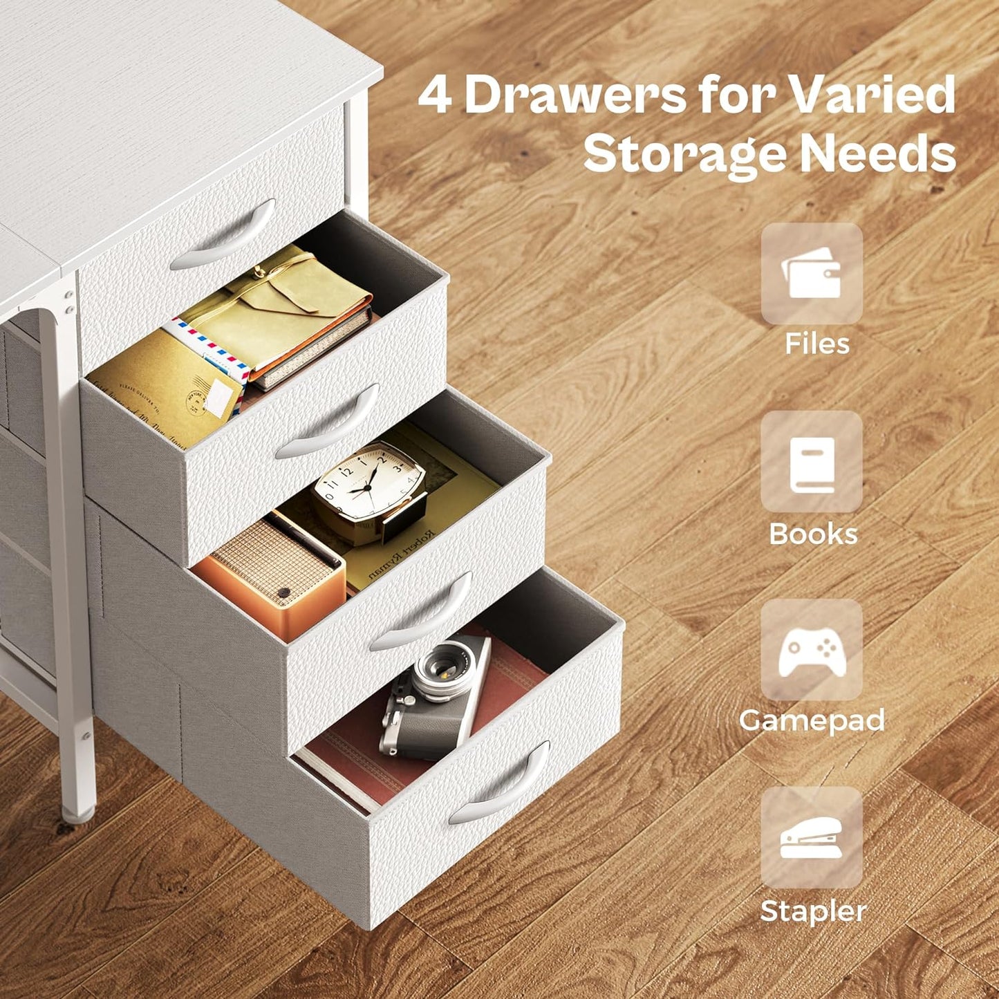 Huuger 55 Inch White Desk with 4 Drawers, Vanity Desk with Mesh Shelf for Makeup, Computer Desk for Home Office with Large Storage, Bedroom, Work from Home