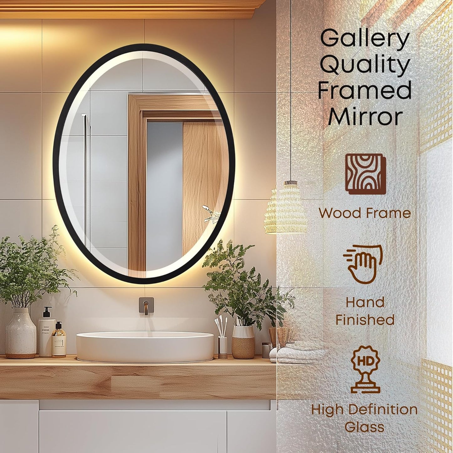 OVALCREST - Oval Wooden Beveled Wall Mirror for Home Decor, Bathroom, Vanity, Bedroom, Living Room, Hallway - London Style (Matte Black) 21.1 x 31.1