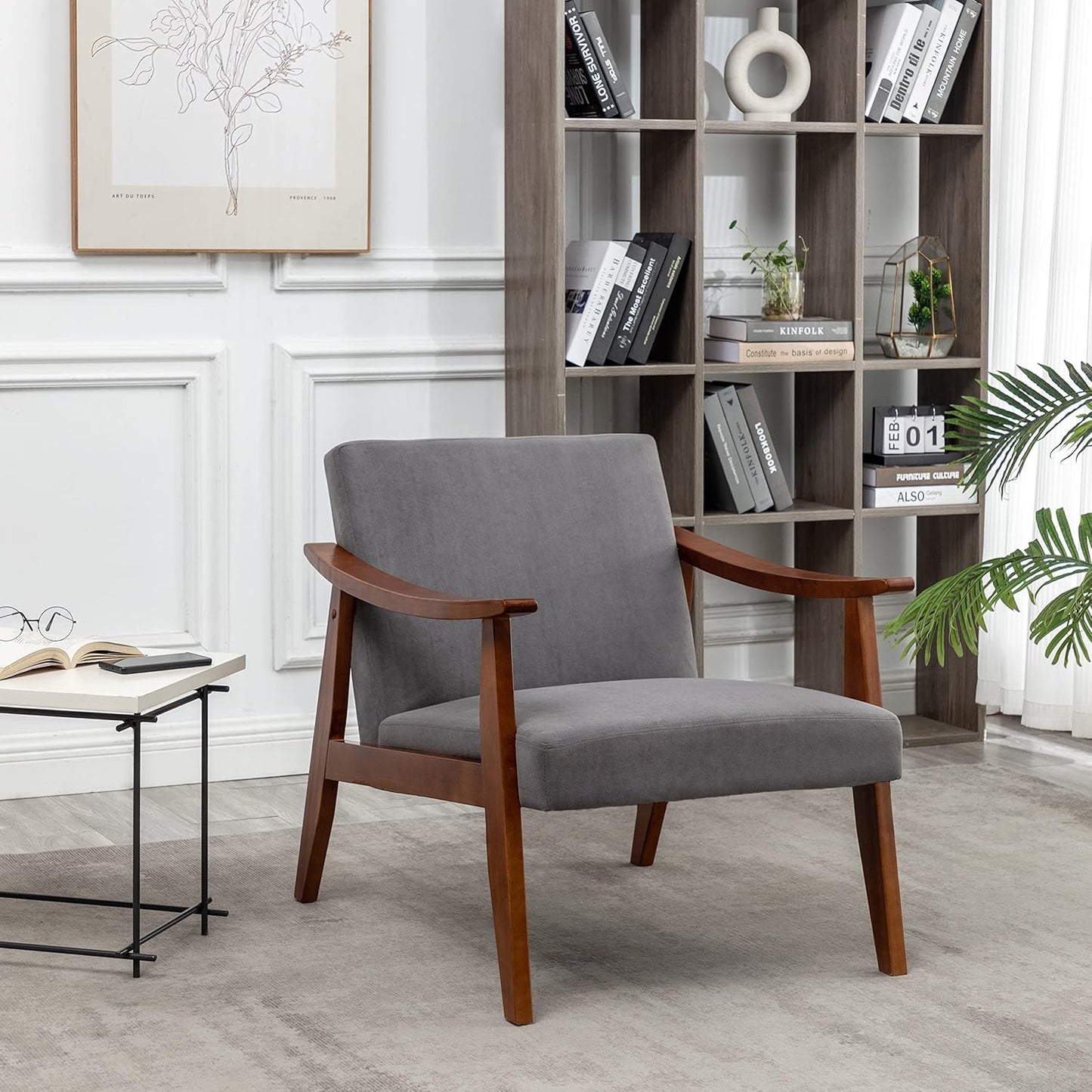 Container Furniture Direct Accent Chair with Velvet Upholstery and Solid Wood Frame, Classic Mid-Century Modern Living Room Furniture for Extra Seating, Grey