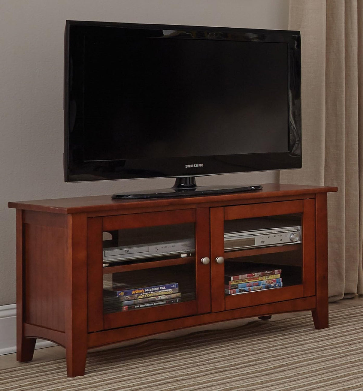 Alaterre Furniture Shaker Cottage 36-Inch TV Stand Cabinet – Glass Door Media Console with Adjustable Shelves, Beadboard Accent, and Storage Organizer for Living Room, Bedroom, or Office (Cherry)