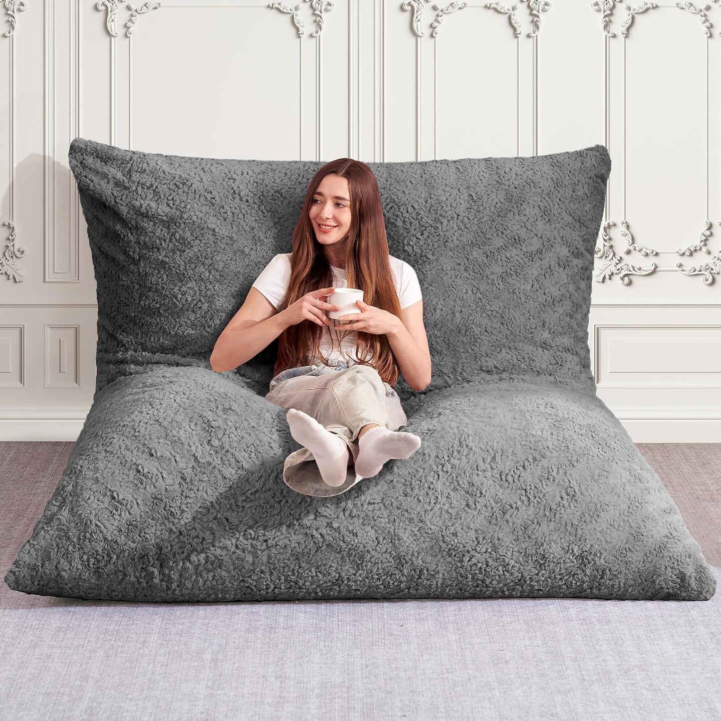 HABUTWAY 4 in 1 Bean Bag Chair, Giant Memory Foam Filling Bean Bag Sofa, Adult Bean Bag Chair, Machine Washable Faux Fur Cover, Bean Bag for Adult (Grey)