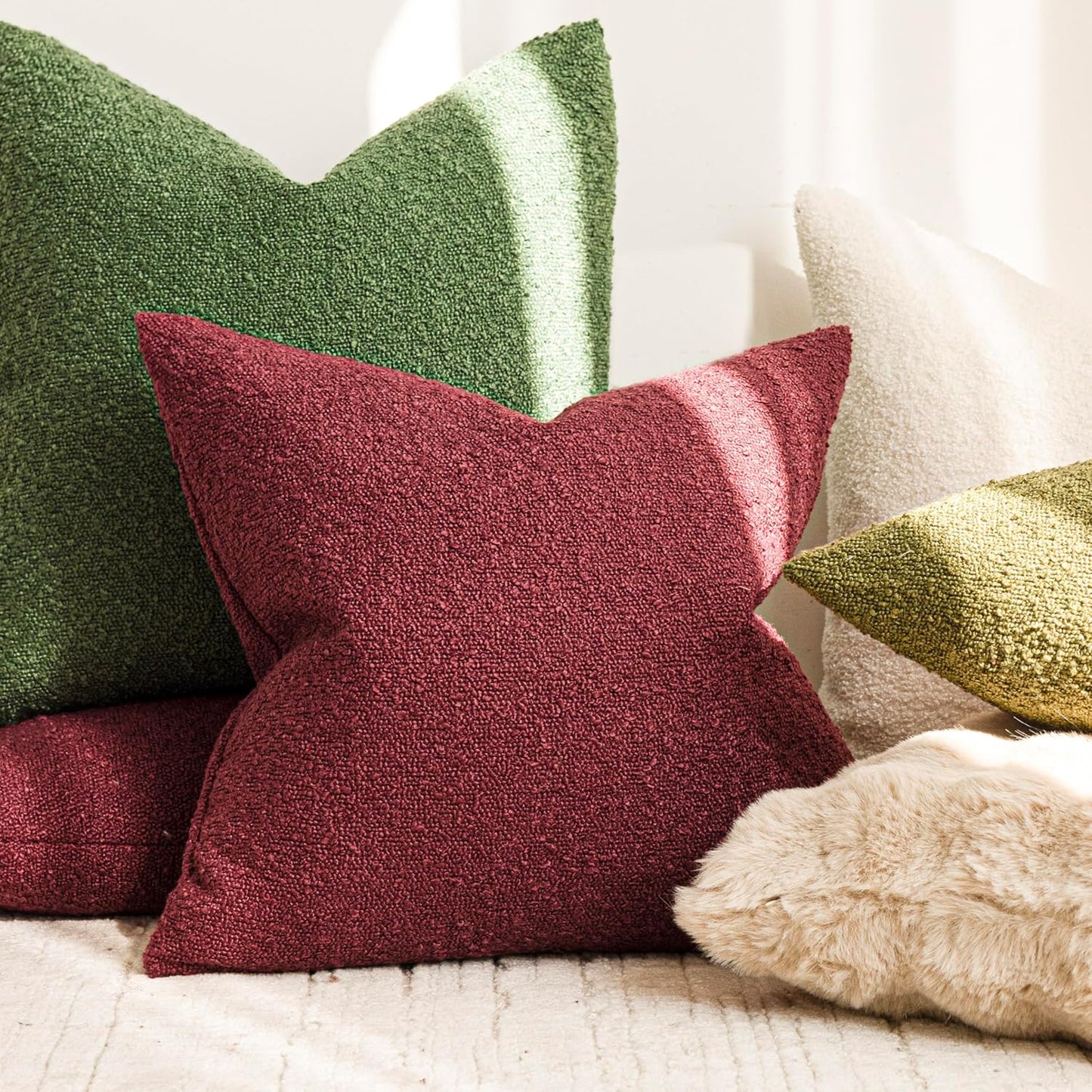 Foindtower Pack of 2 Textured Boucle Throw Pillow Covers Accent Solid Decorative Lumbar Pillow Cases Cozy Couch Cushion Case for Chair Sofa Bed Living Room Home Decor 12 x 20 Inch Hunter Green