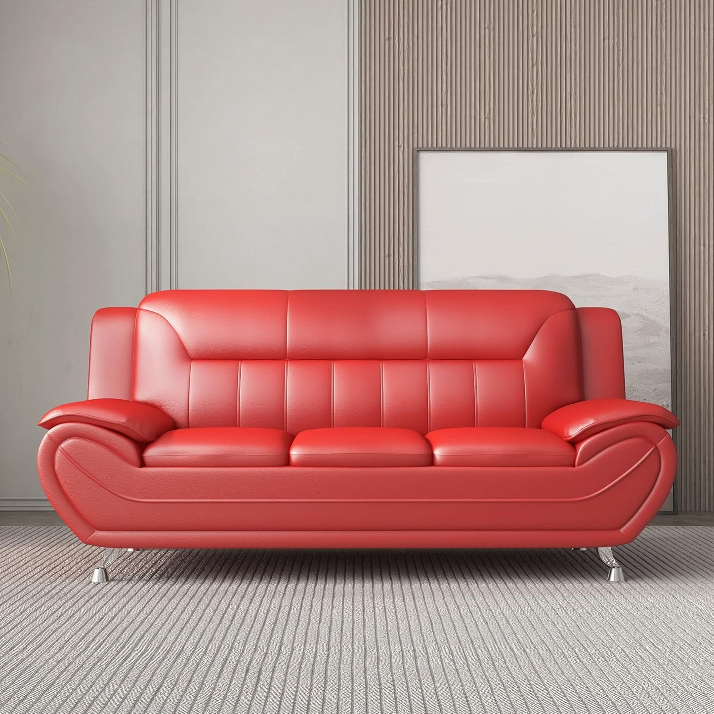 Container Furniture Direct Michael Modern Faux Leather Upholstered Stainless Steel Legs Living Room Sofa, Red