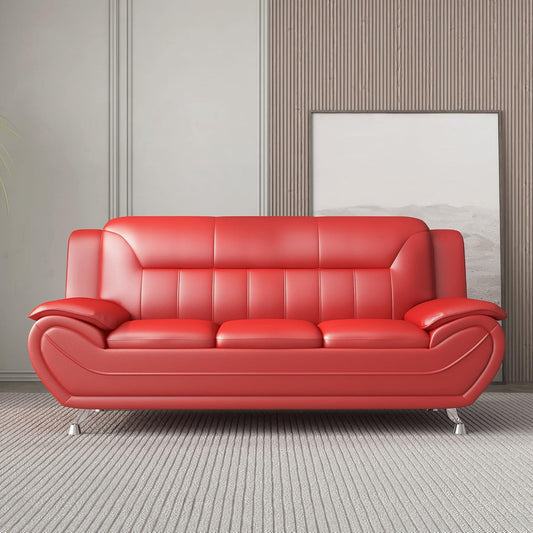 Container Furniture Direct Michael Modern Faux Leather Upholstered Stainless Steel Legs Living Room Sofa, Red
