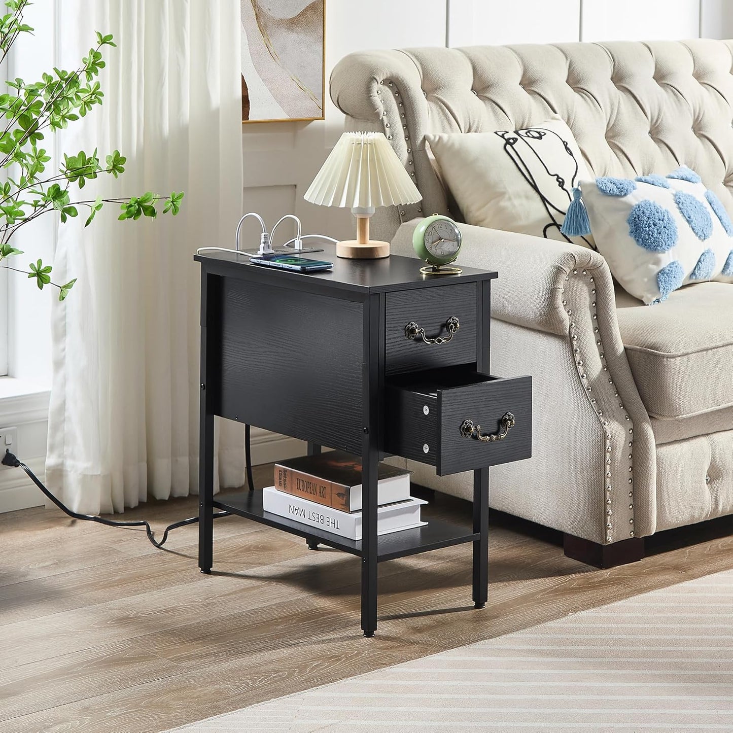 VECELO End Tables,Narrow Nightstands with Charging Station & USB Ports &Drawers,Night Stand for Living Room, Bedroom,Black