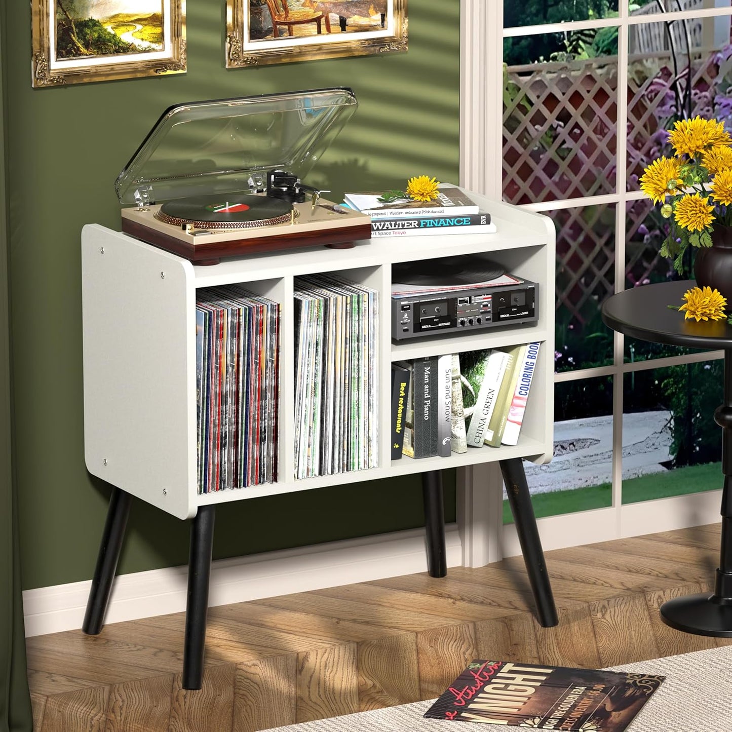 Record Player Table, Mid-Century Record Player Stand with Vinyl Storage Hold Up to 150+ Albums, Vinyl Record Cabinet with Adjustable Shelves, Wood Turntable Stand for Music Living Room (White)