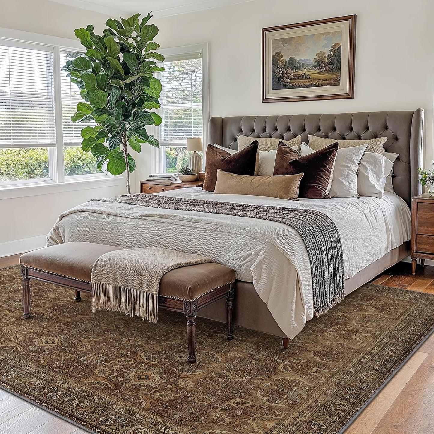 8X10 Area Rugs Machine Washable Rugs for Living Room, Vintage Boho Large Rugs for Bedroom Dining Room, Non Slip Indoor Soft Distressed Lightweight Thin Low Pile Carpet, Rustic Brown