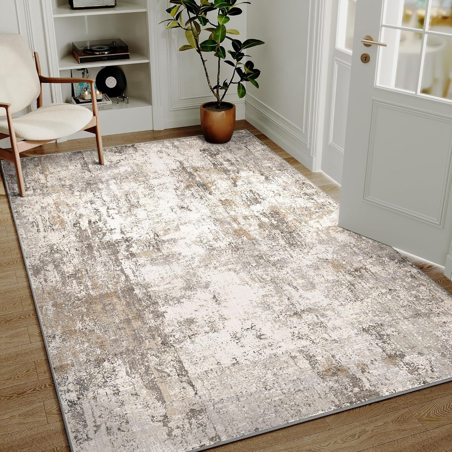 3x5 Washable Area Rug Brown Grey Neutral Abstract Entryway Kitchen Non Slip Low Pile Throw Rug Living Room Bedroom Indoor Doormat Small Soft Carpet for Entrance Bathroom