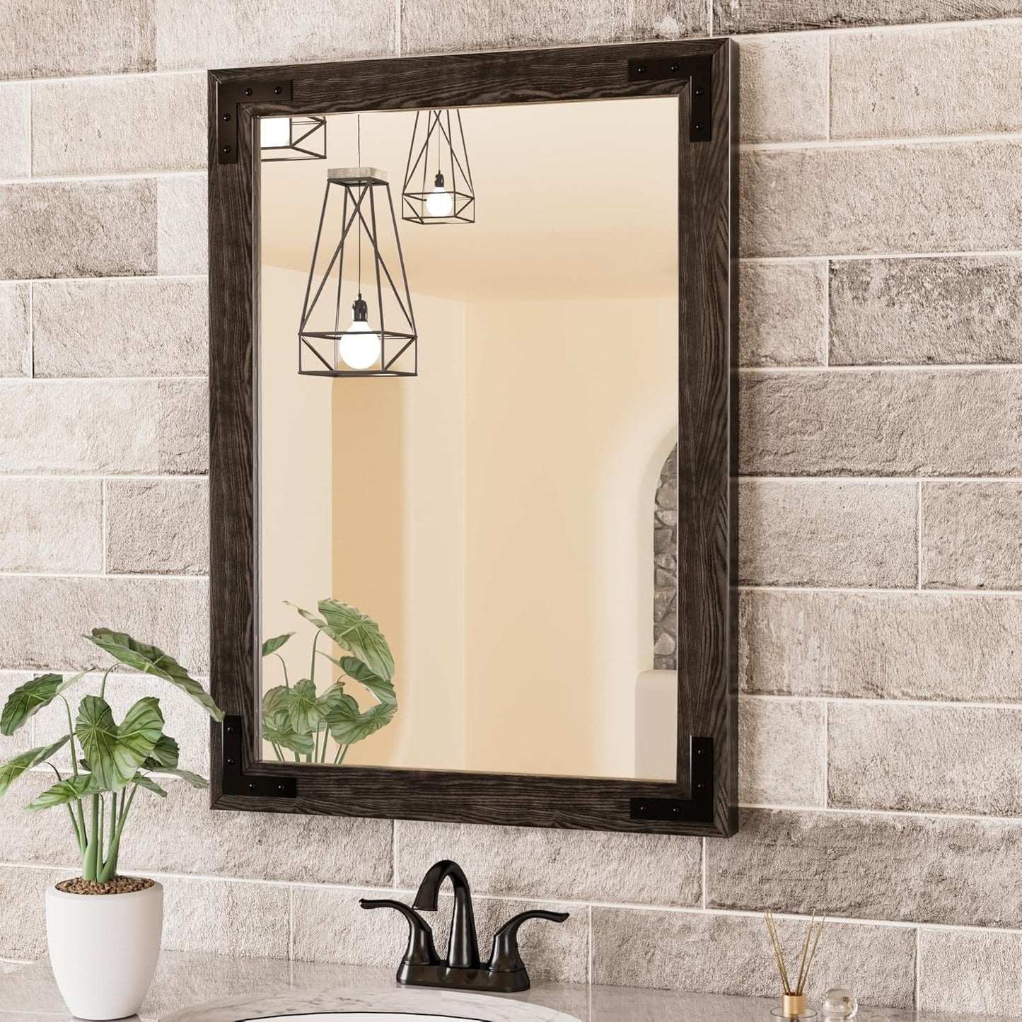 TETOTE 22 x 30 Black Wooden Mirror for Bathroom Wall/Bedroom/Living Room/Entryway Farmhouse Rustic Bathroom Vanity Mirror for Wall Waterproof (Horizontal/Vertical Mounted)