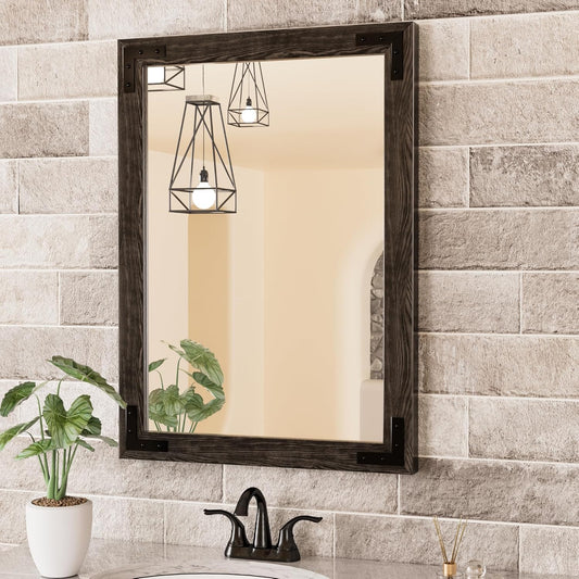 TETOTE 22 x 30 Black Wooden Mirror for Bathroom Wall/Bedroom/Living Room/Entryway Farmhouse Rustic Bathroom Vanity Mirror for Wall Waterproof (Horizontal/Vertical Mounted)