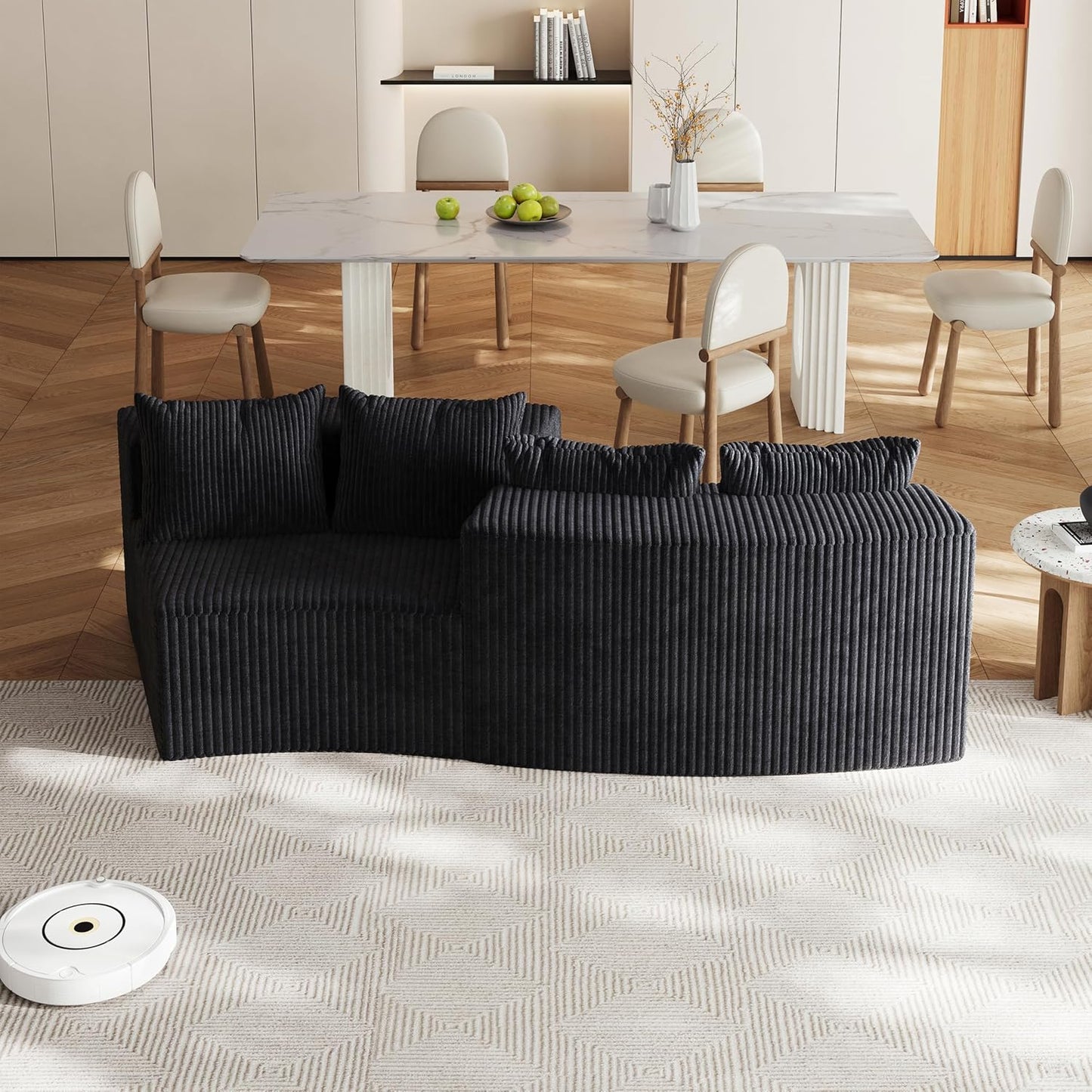 KEIKI Corduroy Curved Sectional Sofa, 2 Seater Symmetrical Modular Semi Circular Couch, Deep Seat Tufted Corner Sofa for Living Room, Lobby, Black