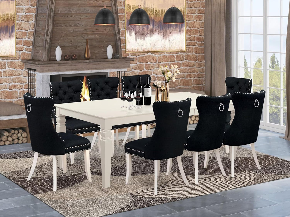 East West Furniture LGDA9-LWH-24 9 Piece Dinette Set Includes a Rectangle Dining Table with Butterfly Leaf and 8 Polyester Fabric Padded Chairs, 42x84 Inch, linen white