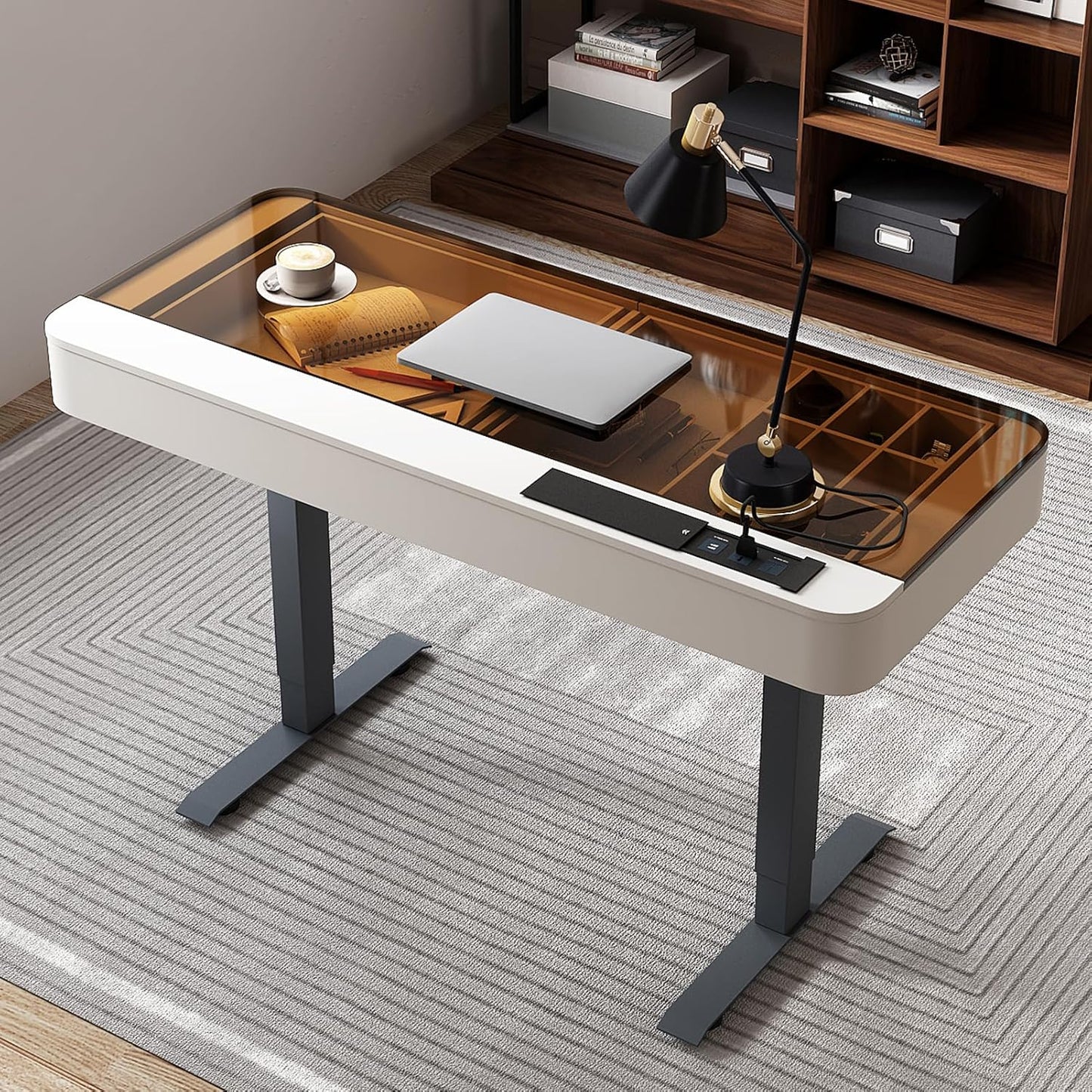 Lartis Office Desk, Electric Computer Lift Table Standing Desk with Drawer Charging USB Port, Home Office Laptop Table with Drawer