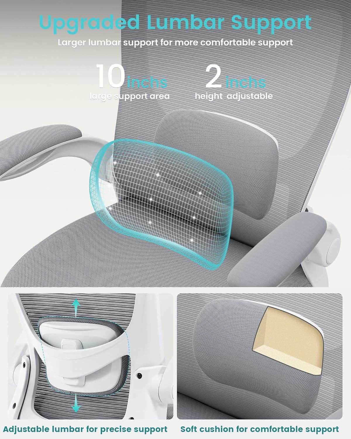 Office Chair, Ergonomic Desk Chair with Adjustable Lumbar Support and Flip up Armrest, Breathable Mesh Computer Chair for Home Office, Gray