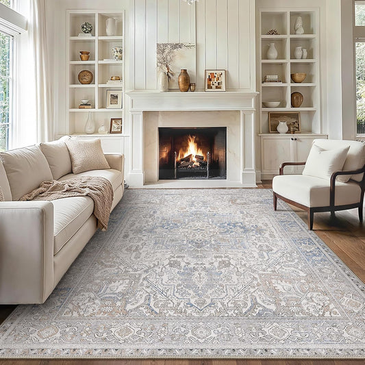 GENIMO 9x12 Area Rugs for Living Room, Machine Washable Non Slip Vintage Retro Rugs, Low Pile Lightweight Thin Print Rug for Bedroom, Dining Room, Home Office, Khaki Blue