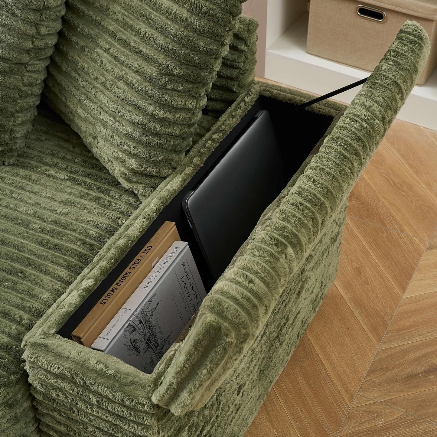 KEIKI 114" Corduroy Sofa with Cup Holders & Storage, L Shaped Sleeper Cloud Couch Set w/Reversible Chaise Lounge, Living Room Oversized Upholstered SofaBed for Apartment, Easy Assembly, Green