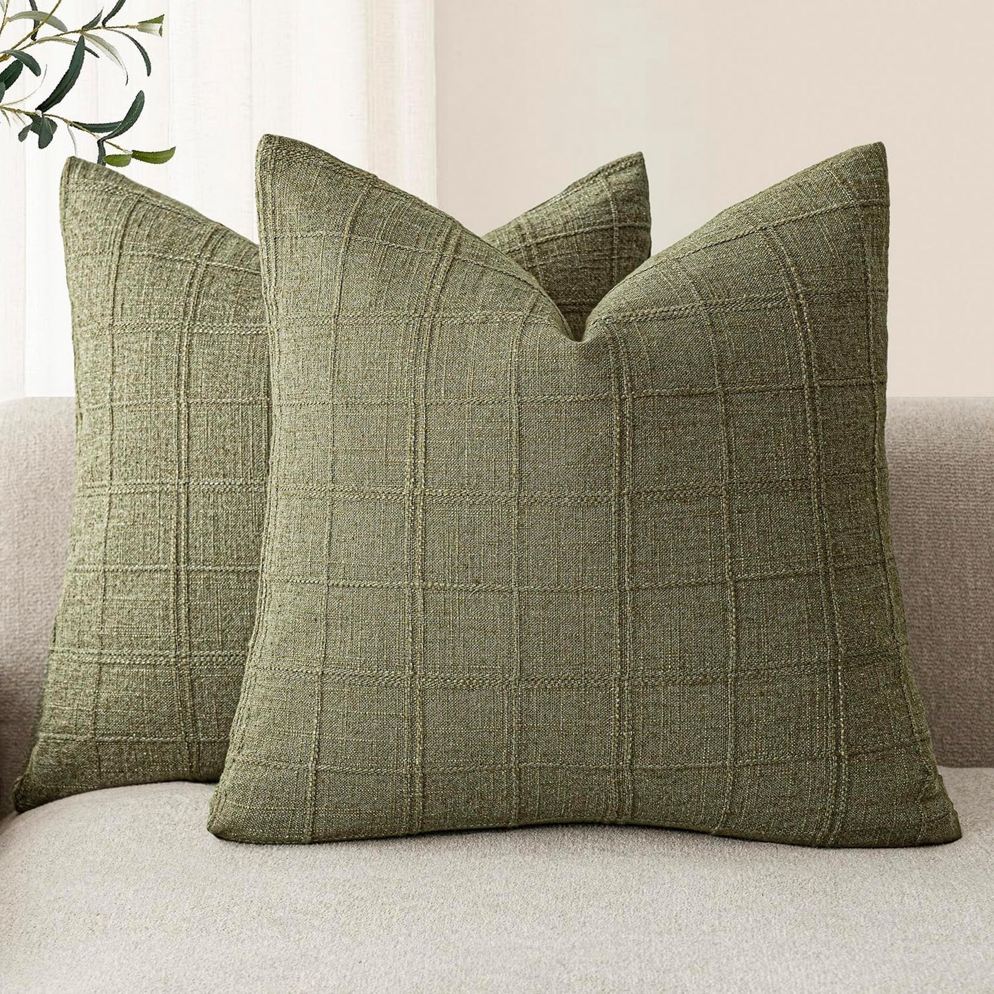 Foindtower Set of 2 Decorative Linen Check Throw Pillow Covers Neutral Farmhouse Vintage Cushion Covers Modern Boho Home Decor for Sofa Chair Couch Bedroom Living Room Outdoor,16×16 Inch,Sage Green