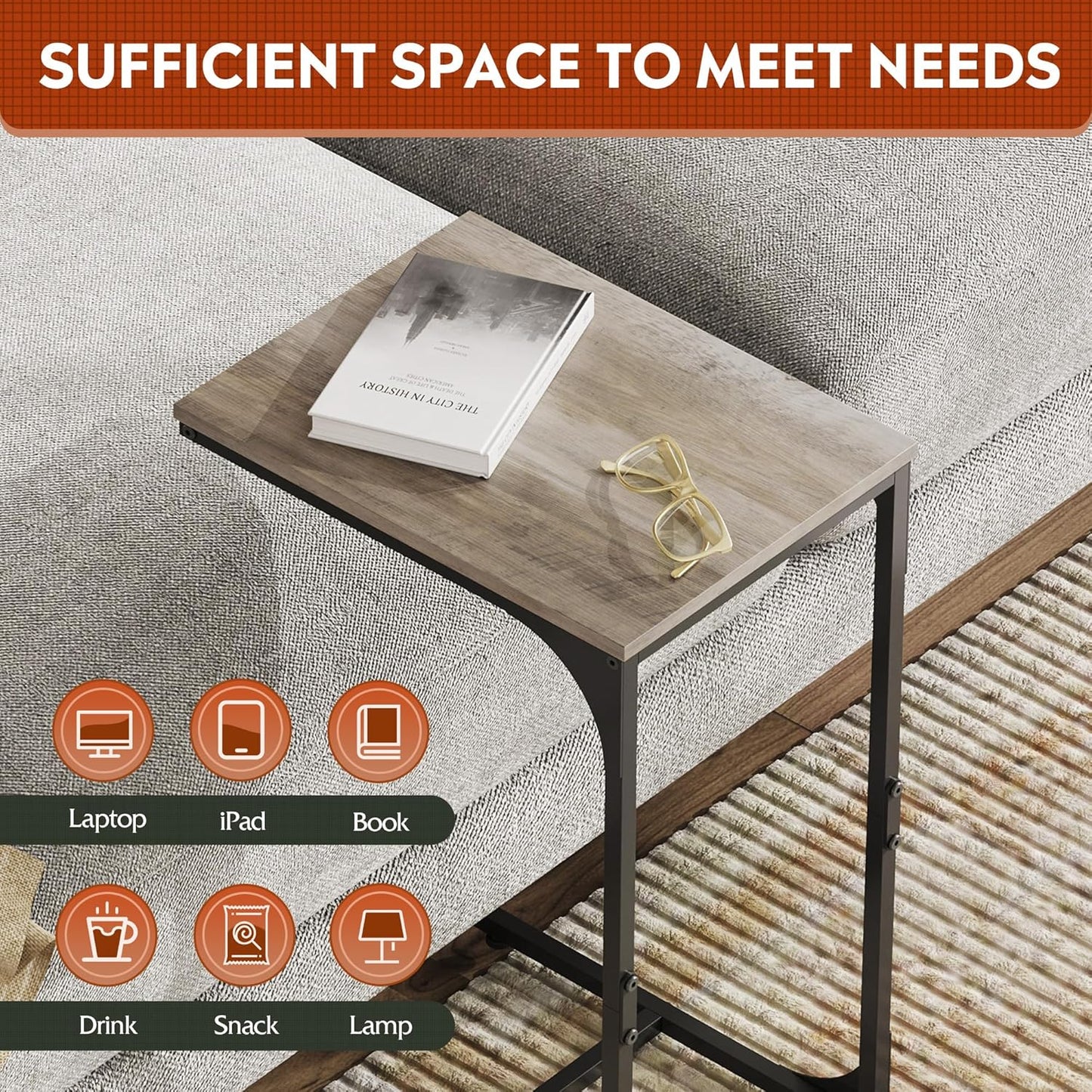 WLIVE C Shaped End Table, Small Couch Side Tables with Metal Frame, Sofa Table TV Tray for Living Room, Bedroom, Greige
