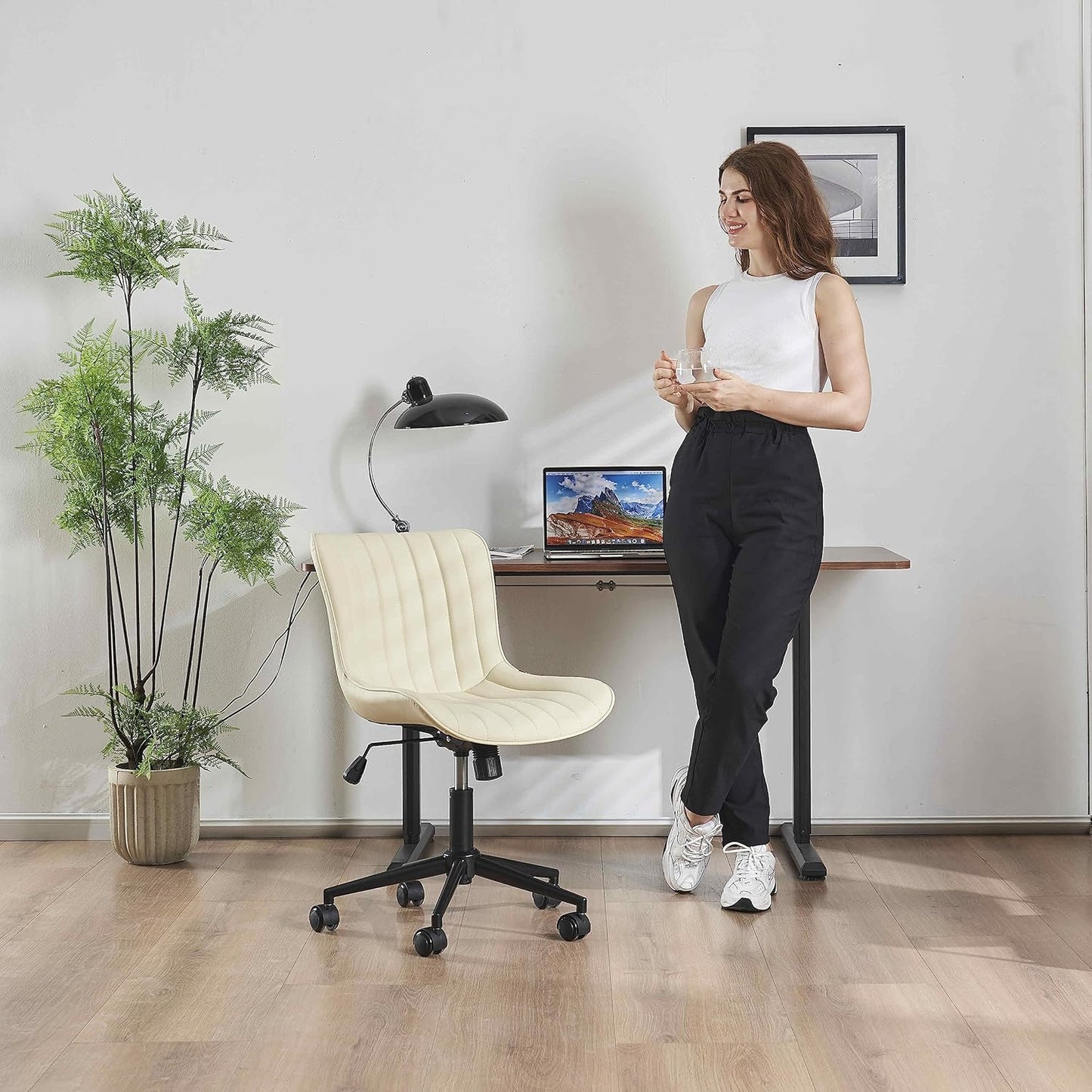 YOUNIKE Beige Home Office Desk Chair with Wheels Swivel Comfy Armless Vanity Chair with Back Modern Leather Upholstered Rolling Task Chair Small Cute Drafting Sewing Chair No Arms Adjustable