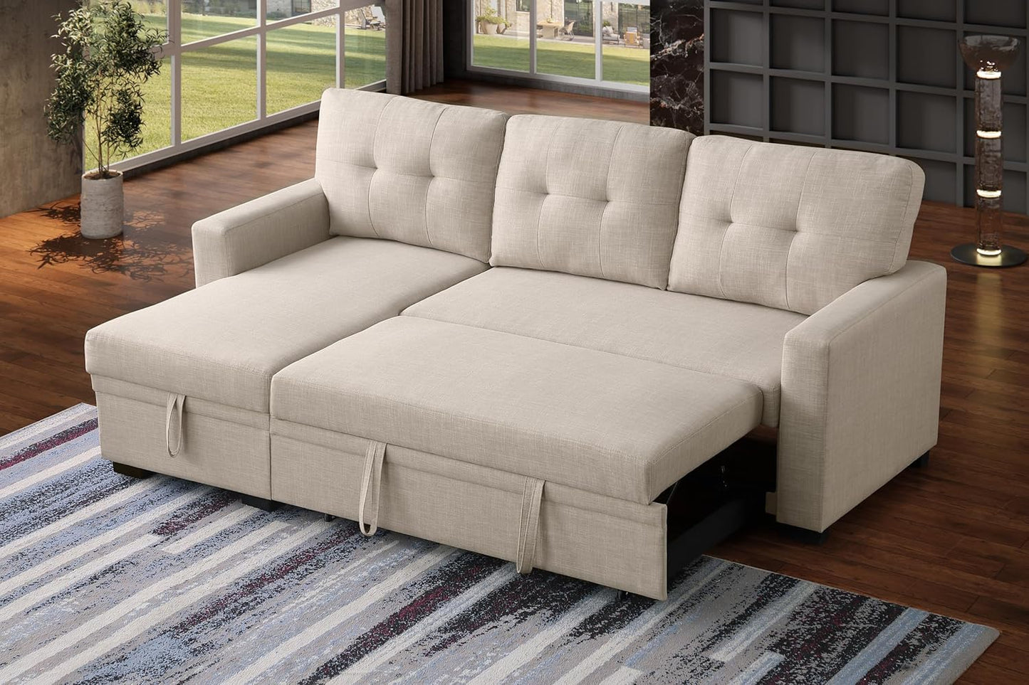 Devion Furniture Garisa 4-in-1 Convertible L Shaped Couch with Pull Out Bed and Storage, Sectional Sleeper Sofa with Reversible Chaise for Living Room, Apartment, Bedroom, Office