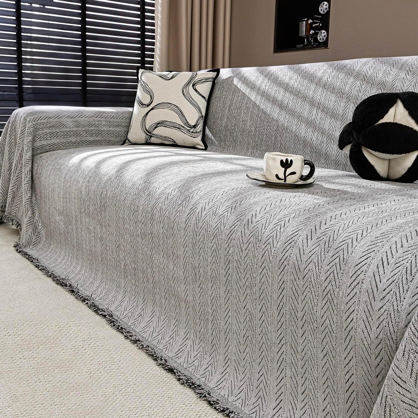 Nobildonna Sofa Cover Washable Soft Thicken Chenille Couch Cover with Tassel,Waterproof Sofa Slipcover for 3-4 Cushion Couch,Sectional Sofa,L-Shaped Furniture Protector Pet-Friendly,Gray 71"x150"
