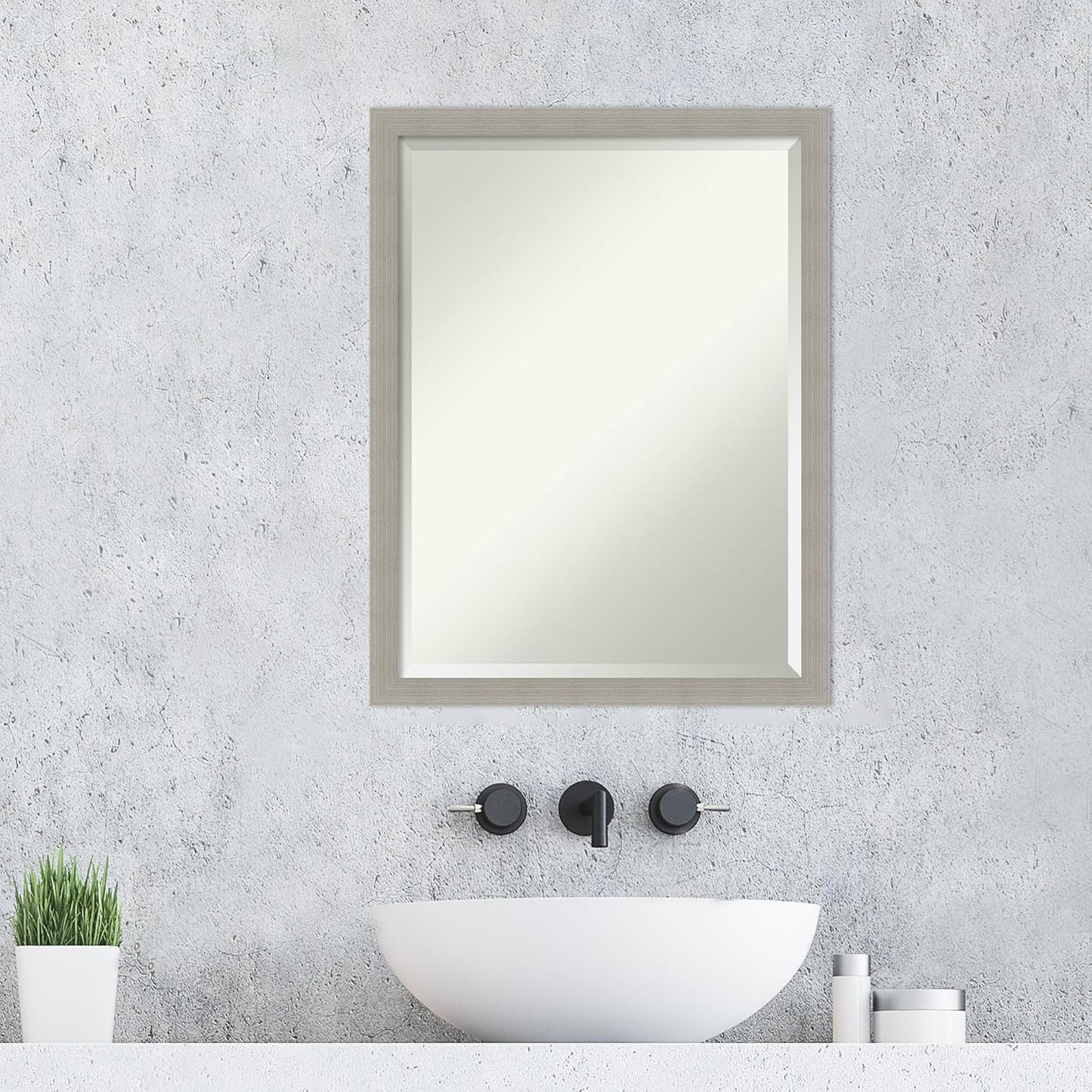 Amanti Art Grey Wall Mirror 26x20 Woodgrain Stripe Grey Rectangle Bathroom Mirror for Wall Decor Living Room, Medium Casual Wood Frame, Hangs Horizonally and Vertically, Bathroom Decor, Beveled Edge
