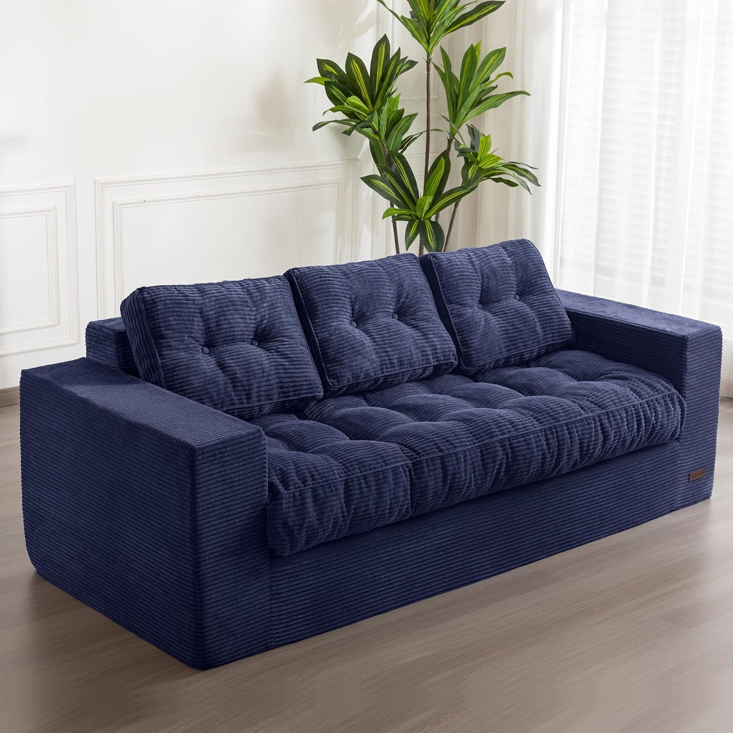 MAXYOYO 3 Seater Couch for Living Room, Boneless Couch with Tufted Cushion & Backrest, Upholstered Floor Sofa with Armrests, Sofa in A Box, No Assembly Required, Navy
