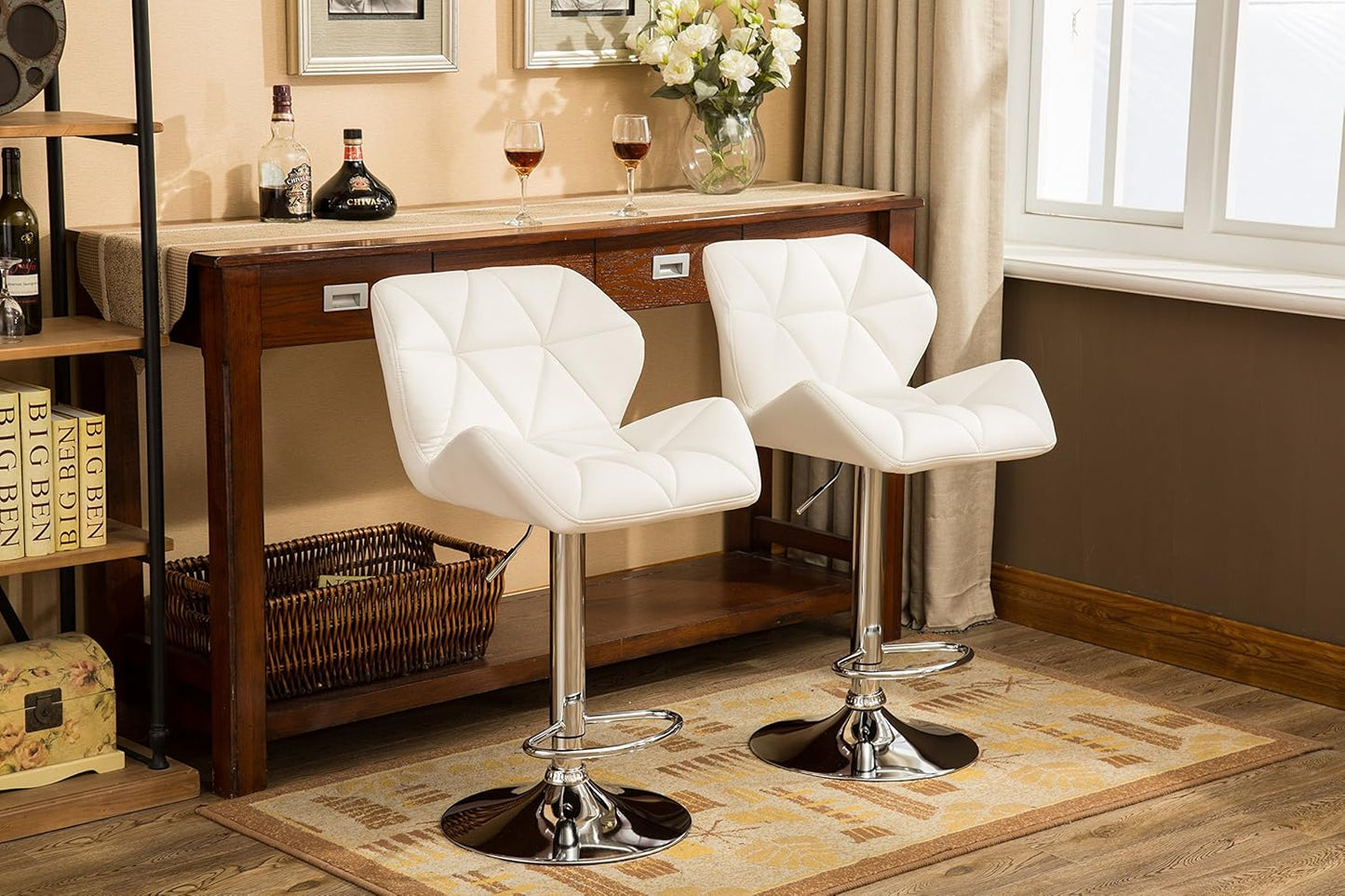 Roundhill Furniture Glasgow Contemporary Tufted Adjustable Height Hydraulic White Bar Stools, Set of 2