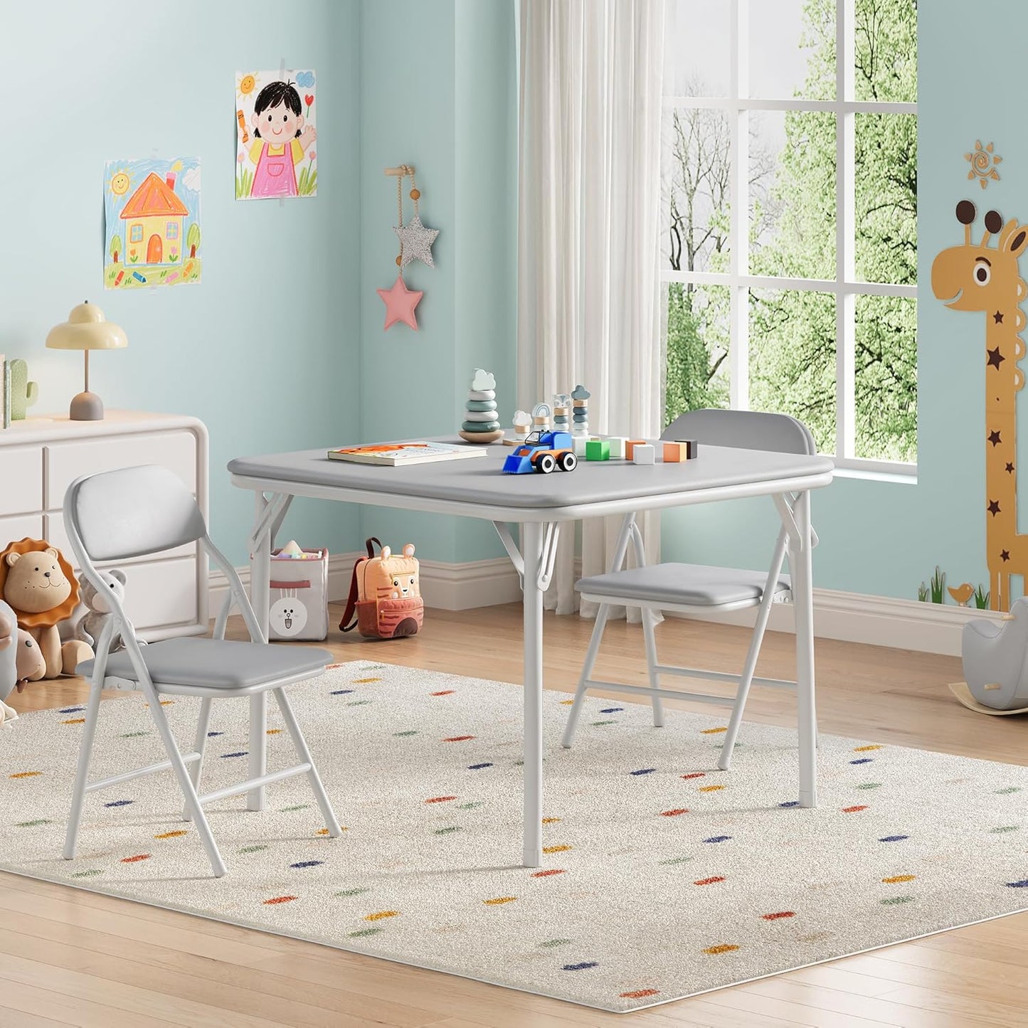 GarveeHome 3-Piece Kids Folding Table and Chairs Set, Toddlers Children's Activity Table and Chairs Set for Dining Room,Daycare,Classrooms