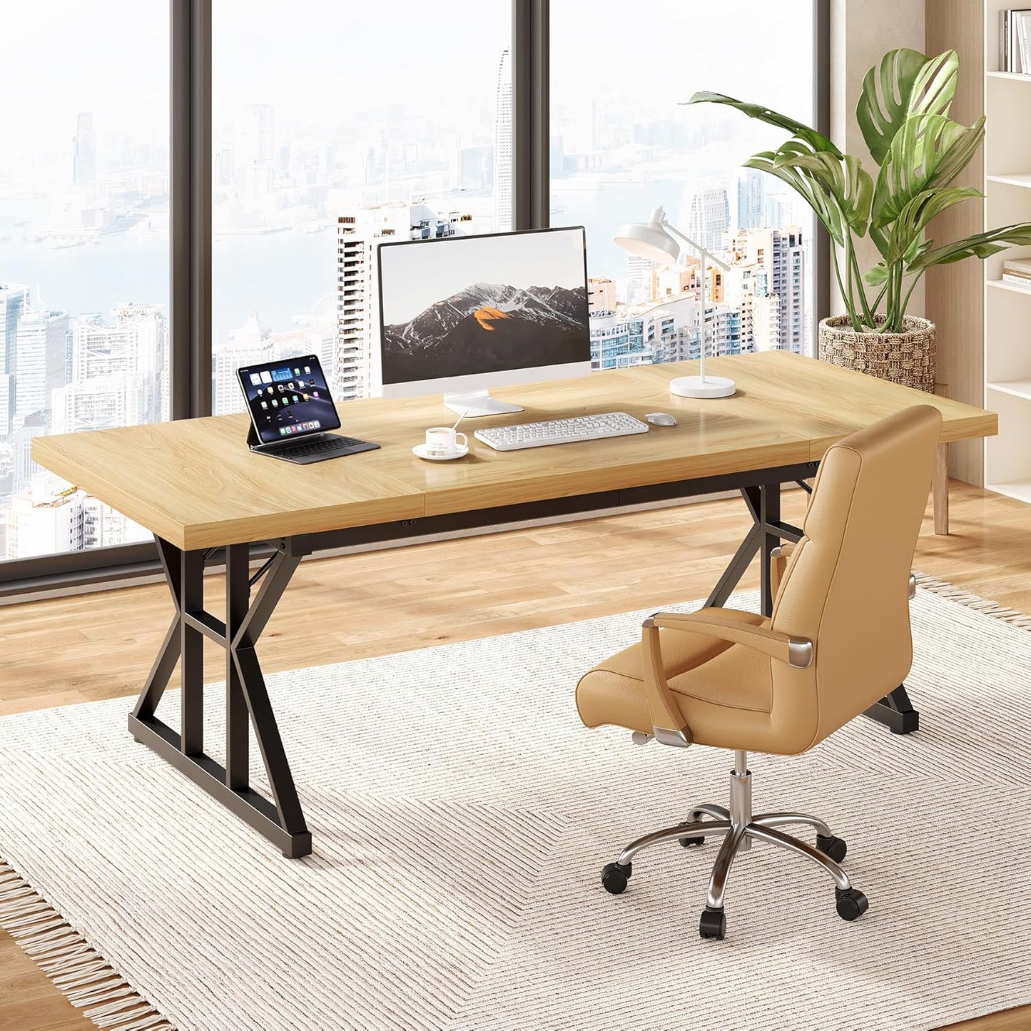 LITTLE TREE 70.8-Inch Large Executive Desk, Modern Computer Office Desk, Wooden Writing Desk Study Table for Home Office, Light Walnut-Black
