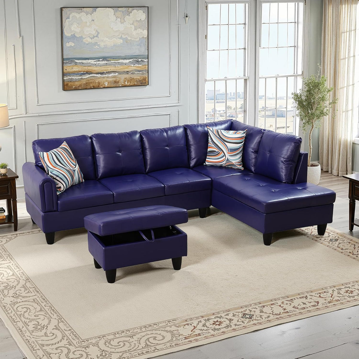 NicBex Sectional Couch 3 Pieces Sofa Set with Left Chaise Faux Leather L Shaped Cloud Couch for Living Room Furniture Sets with Storage Ottoman, Modular Sofa for Living Room & Apartment, Indigo