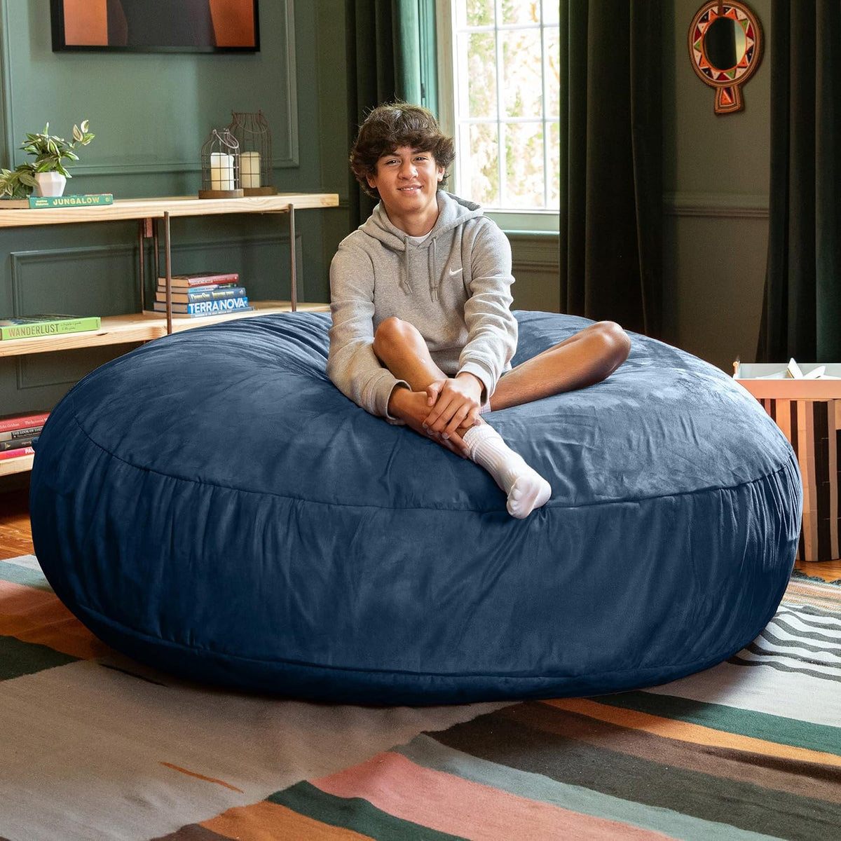 Jaxx 6 Foot Cocoon - 2-in-1 Convertible Bean Bag Bed & Large Bean Bag Chair for Adults, Navy