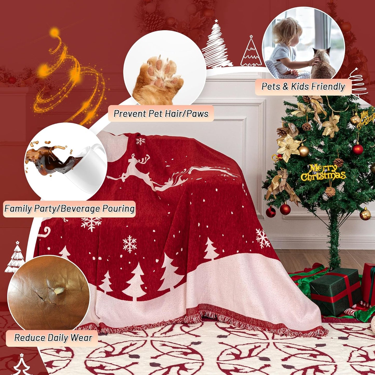 MYSKY HOME Christmas Chenille Sofa Slipcover Couch Covers for Sectional l Shaped Couch Pets Protector Furniture Covers Futon Cover Super Soft Washable Couch Covers for 2 Cushion, 71"x102", Red