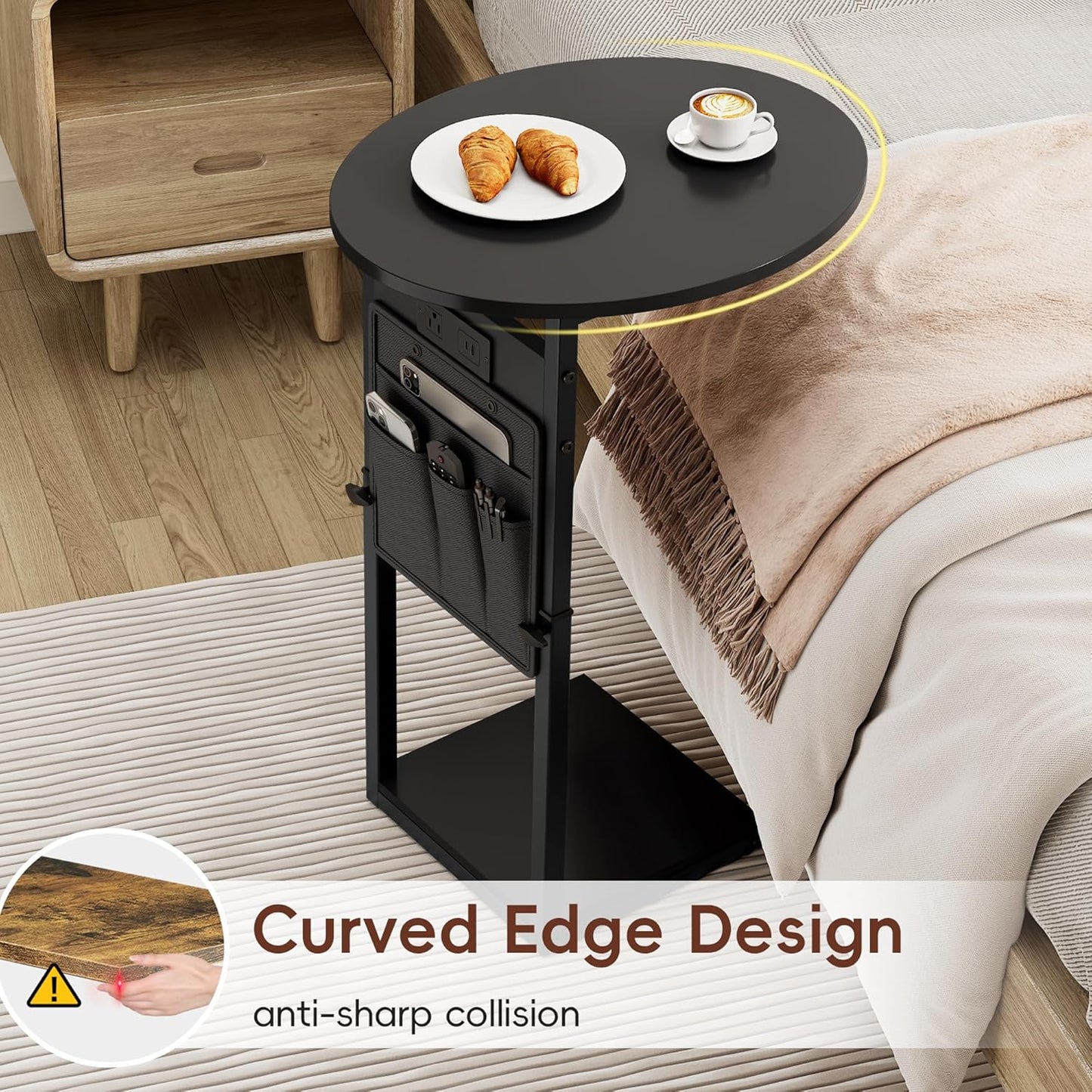 Vagusicc C Shaped End Table with Charging Station, 32" Tall Side Table for Couch and Recliner, Adjustable Height Small Couch Side Table Slide Under Sofa TV Tray Table for Living Room, Bedroom, Black