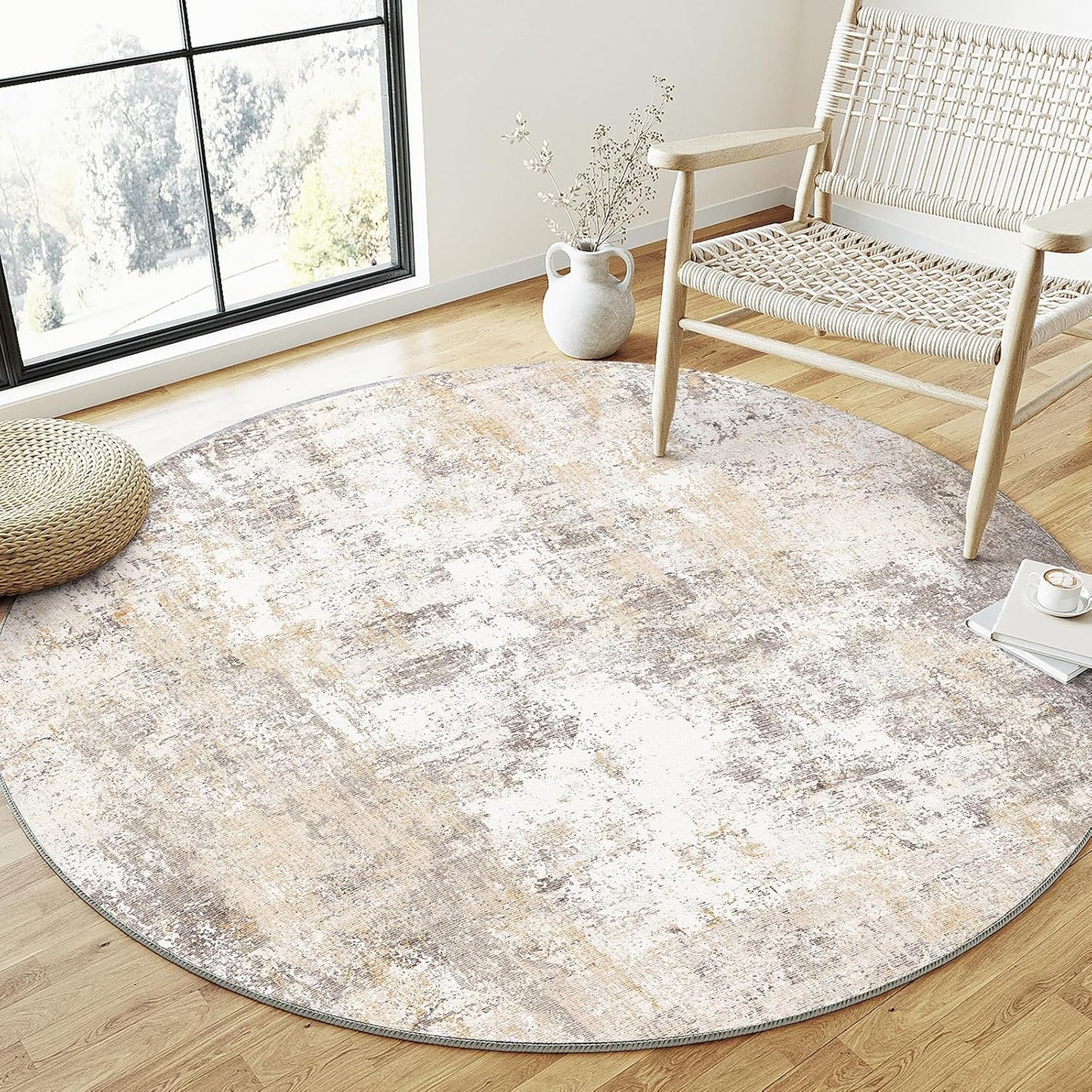 6x6 Washable Round Rug Beige Grey Neutral Abstract Living Room Bedroom Area Rug Non Slip Soft Low Pile Indoor Floor Carpet for Office Dining Room Kitchen Entryway