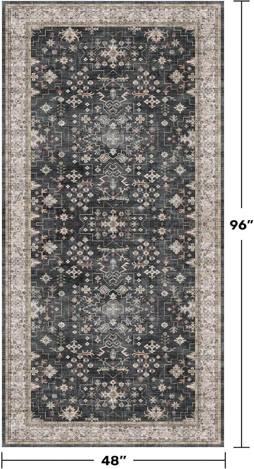 Washable 4x8 Hallway Runner Rug, Black Vintage 8ft Soft Runners for Entry Kitchen Non Slip Low Pile Thin Carpet for Living Room Bedroom Foyer