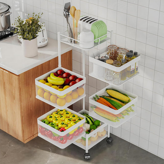 Fruit Basket for Kitchen No Assembly,Rotating Kitchen Storage Rack,Bathroom Shelf, Organizers and Storage Cart on Rolling Wheels，Potato and Onion Storage Organizer(White, 5 Tier-Square)