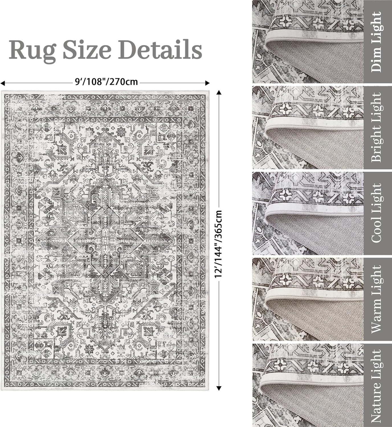 zesthome 9x12 Area Rugs,Stain Resistant Washable Rug,Ultra-Thin Rugs for Living Room,Bedroom,Non-Slip Backing Home Decor Large Area Rug (Grey/White,9'x12')