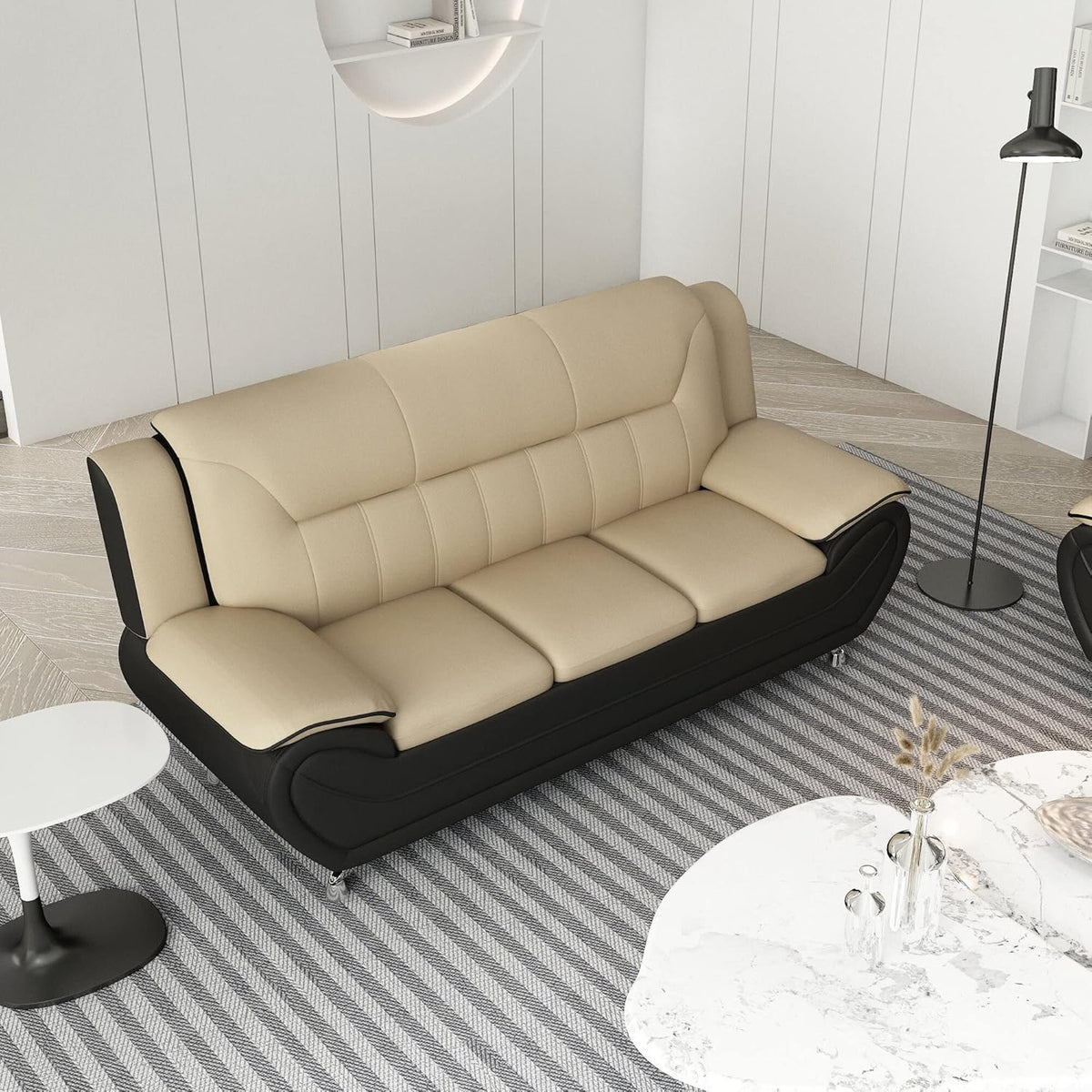 Container Furniture Direct Michael Modern Faux Leather Upholstered Stainless Steel Legs Living Room Sofa, Loveseat, Camel/Black