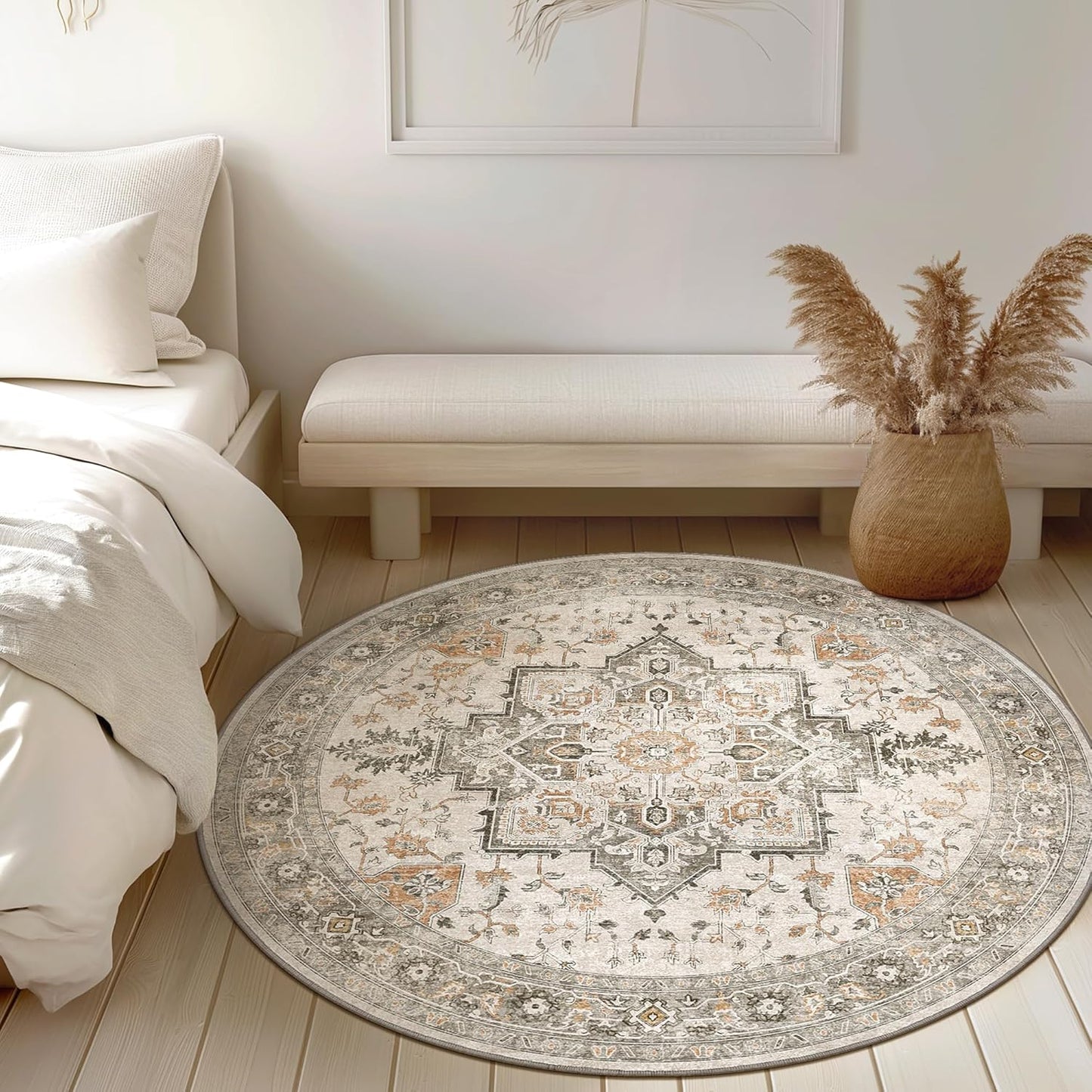 GENIMO 4FT Round Area Rugs for Living Room, Circle Rugs Machine Washable Low Pile, Chenille Non Slip Vintage Rug for Bedroom, Dining Room, Home Office, Light Taupe Brown