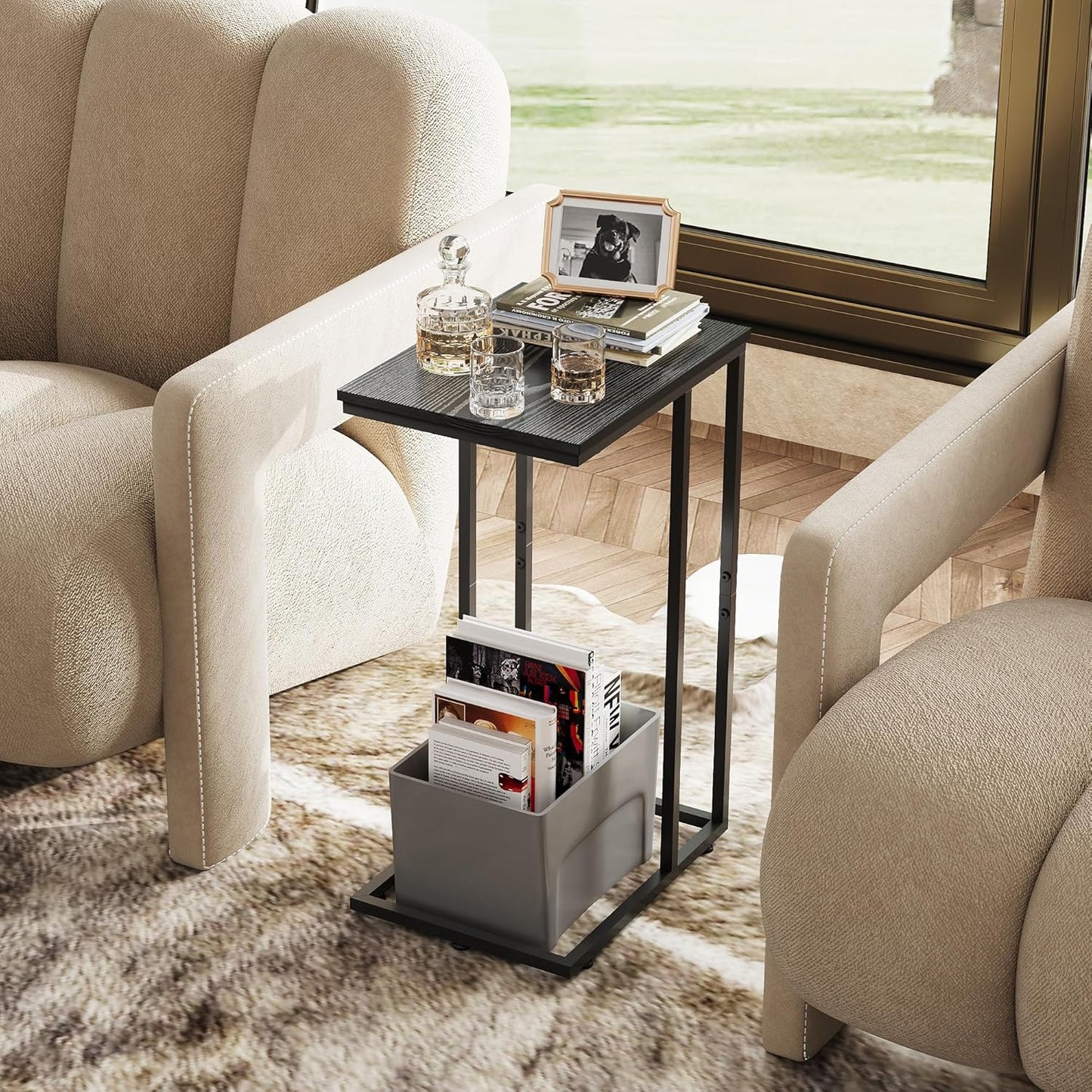 WLIVE Black Side Table, C Table End Table for Bedroom, Home Office, Dorm, Living Room Tables, Black Couch Table, 2-Tier Side Tables