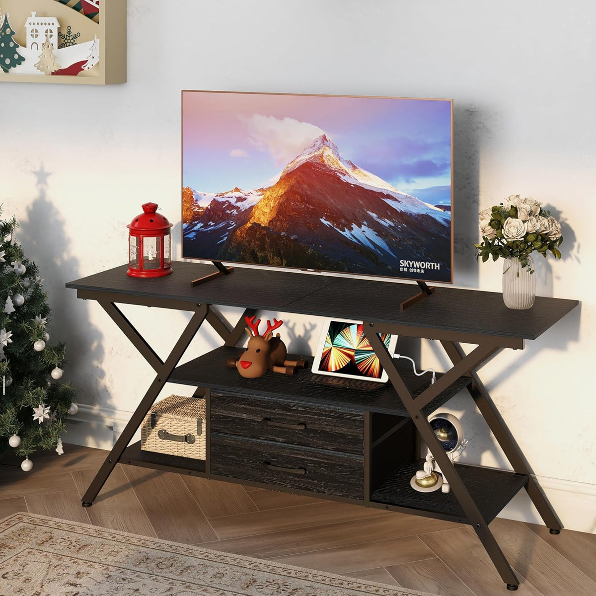 TV Stand with Power Outlet and LED Lights, Fits TVs up to 65”, 2 Fabric Drawers Entertainment Center with Open Storage Shelves, Media Console for Living Room, Bedroom (Charcoal Black)