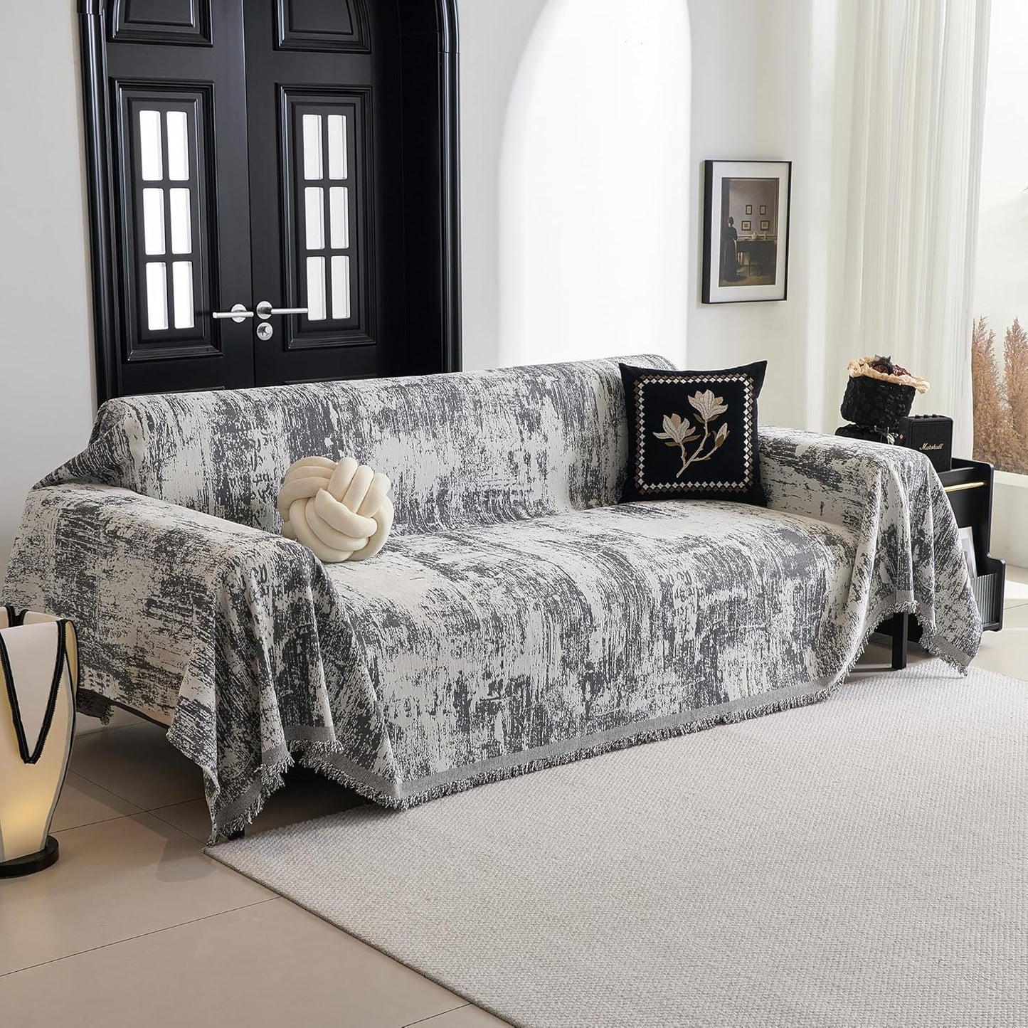 MYSKY HOME Boho Couch Cover for Dogs Washable Deep Grey Abstract Couch Sofa Protector for Loveseat Sofa Pets Friendly Chenille Geometric Sofa Covers Soft Durable Farmhouse Sofa Slipcovers, 71" X102"