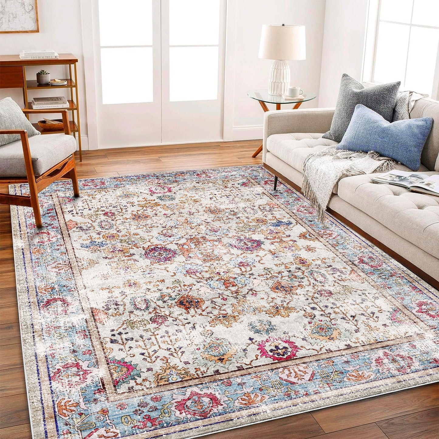 Washable Area Rug Vintage 6'x9' Light Traditional Floor Cover Thin Rug Retro Kitchen Indoor Distressed Non Slip Carpet Floral Print Mat Living Room Bedroom Dining Room