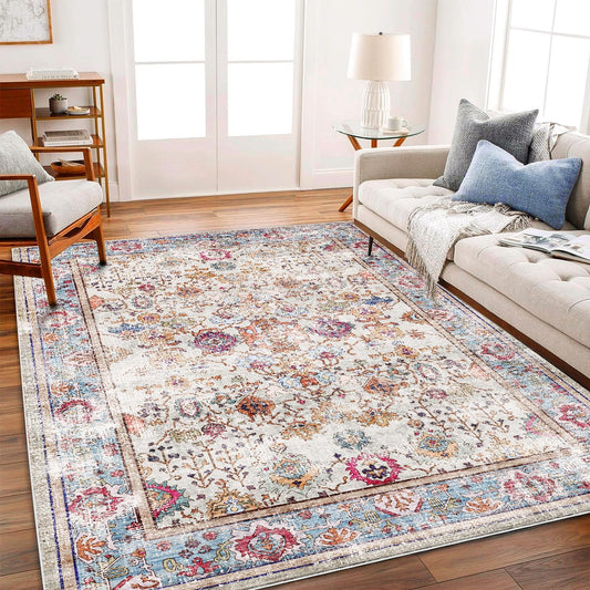 Washable Area Rug Vintage 6'x9' Light Traditional Floor Cover Thin Rug Retro Kitchen Indoor Distressed Non Slip Carpet Floral Print Mat Living Room Bedroom Dining Room