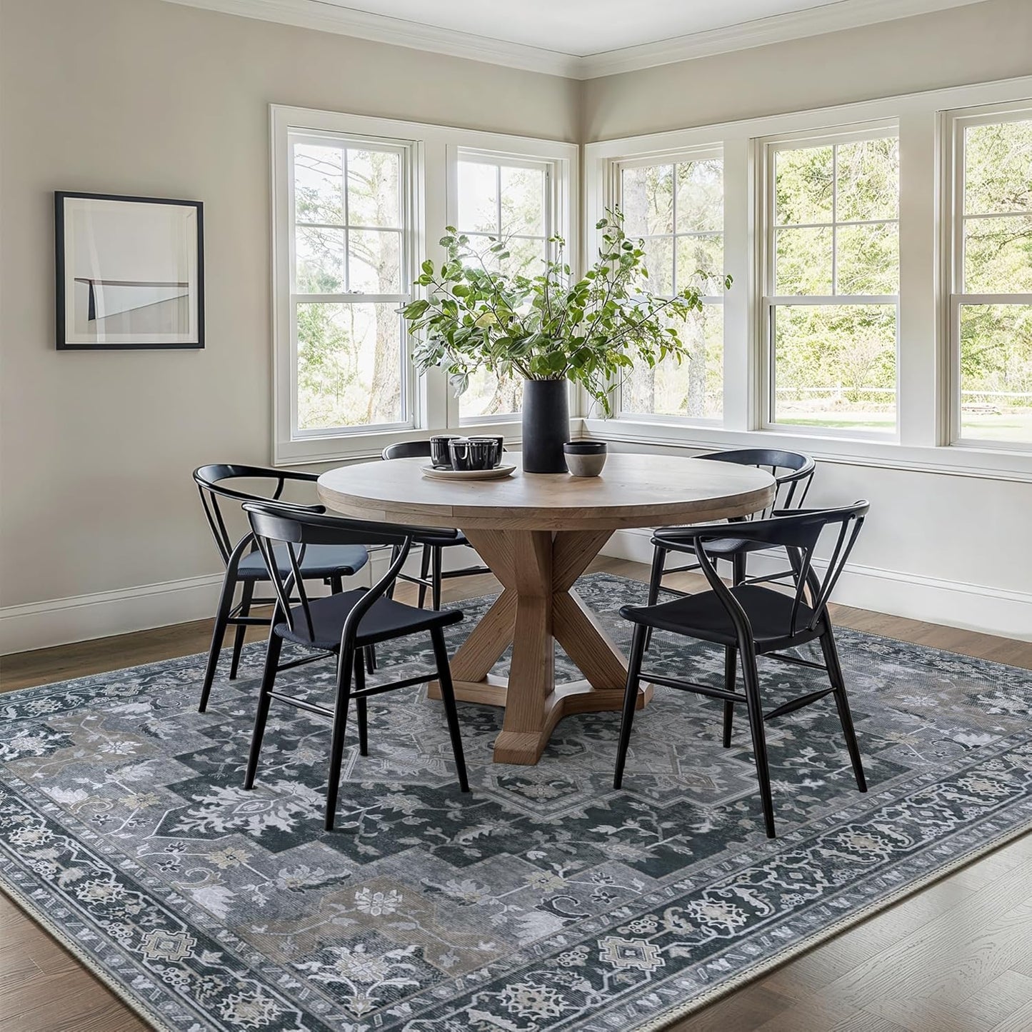 GENIMO 9x12 Area Rugs for Living Room, Machine Washable Non Slip Vintage Rugs, Low Pile Lightweight Chenille Print Rug for Bedroom, Dining Room, Home Office,Dark Gray