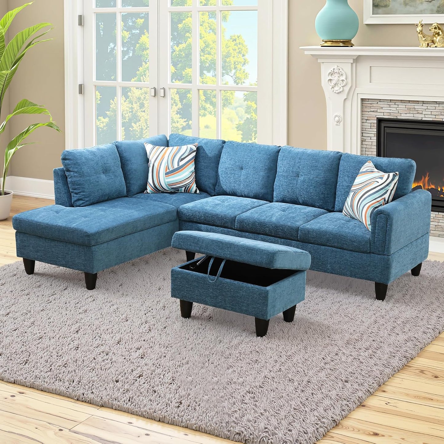 Osparple L Shaped Couch Sectional Couches for Living Room Upholstered Flannel 3 Pieces Modular Sectional Sofa with Chaise, Ottoman with Storage for Living Room and Small Apartment, Blue