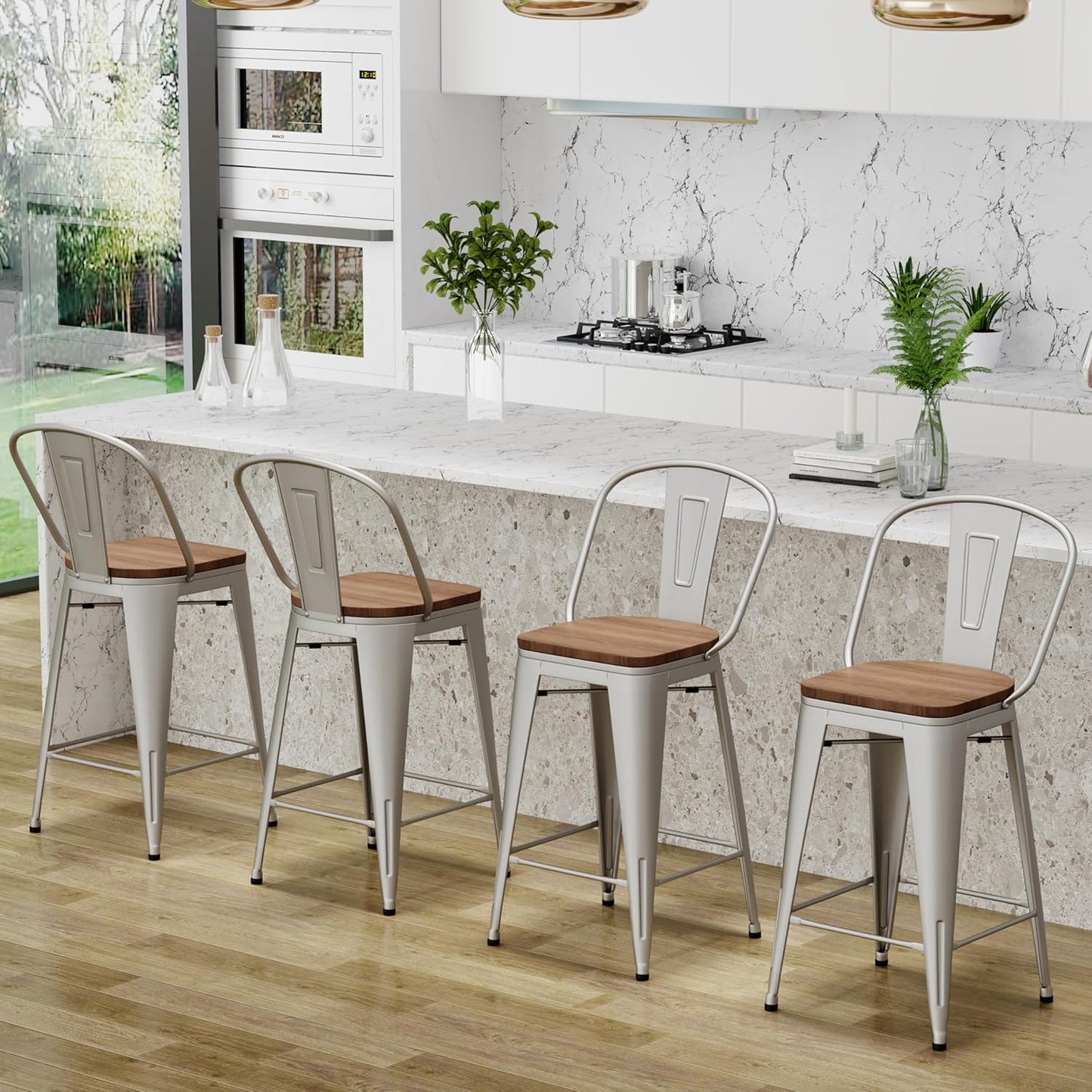 Changjie Furniture 26 Inches Metal Barstools Set of 4 Counter Height Bar Stools Industrial Stools with Backs High Back Chairs for Kitchen Island (26 Inch,Silver)